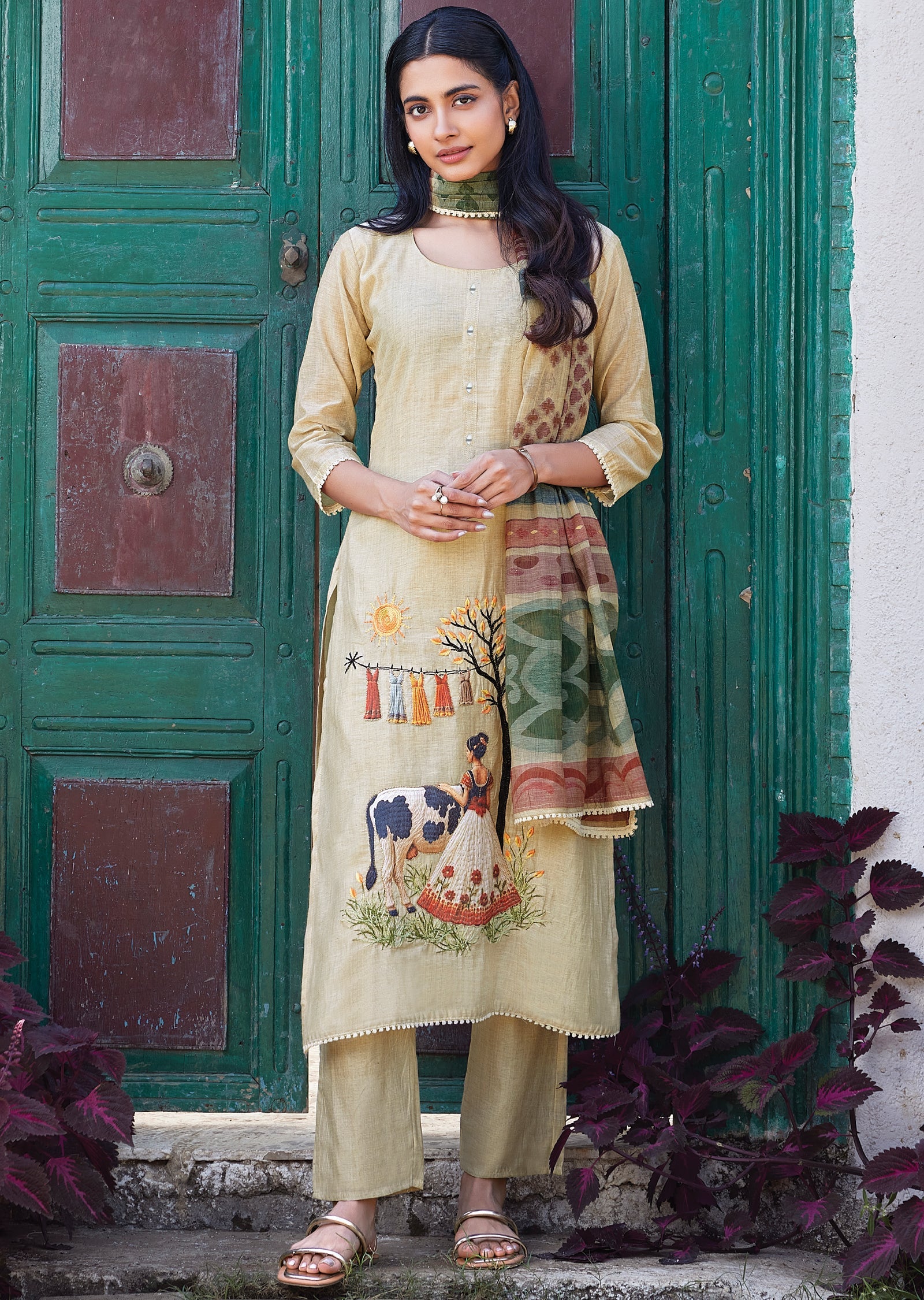 Beige Straight cut kurti Set