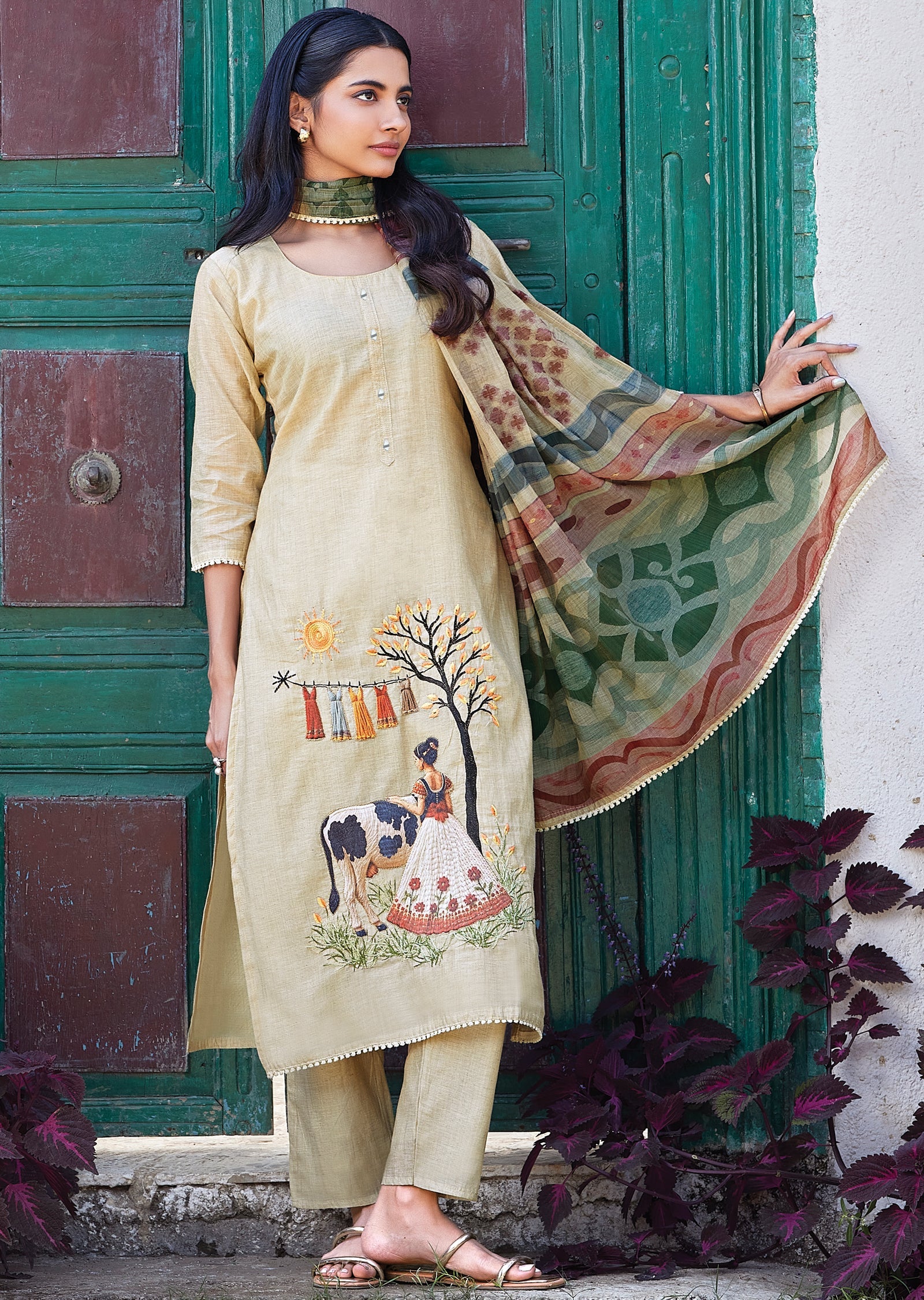 Beige Straight cut kurti Set