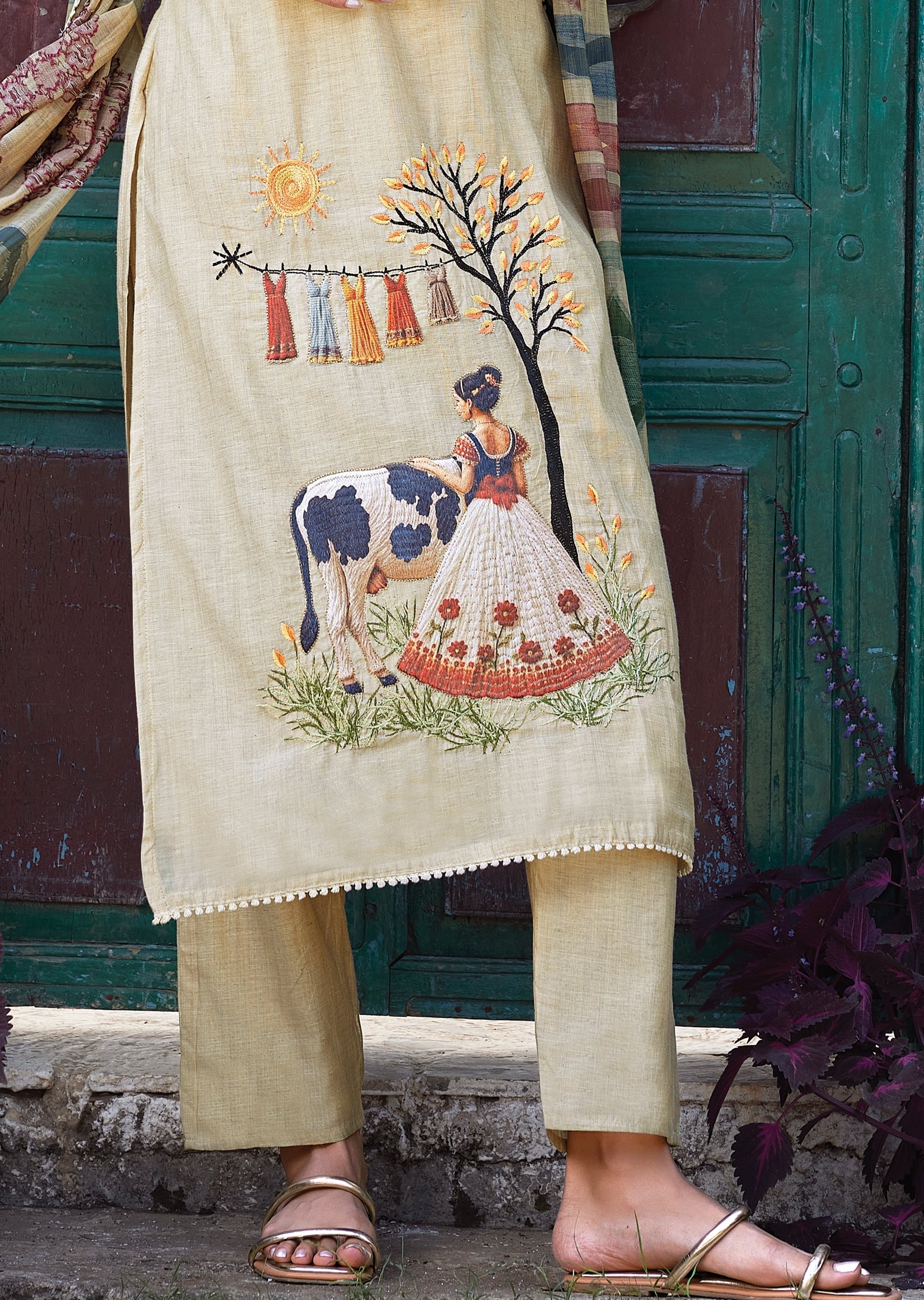 Beige Straight cut kurti Set