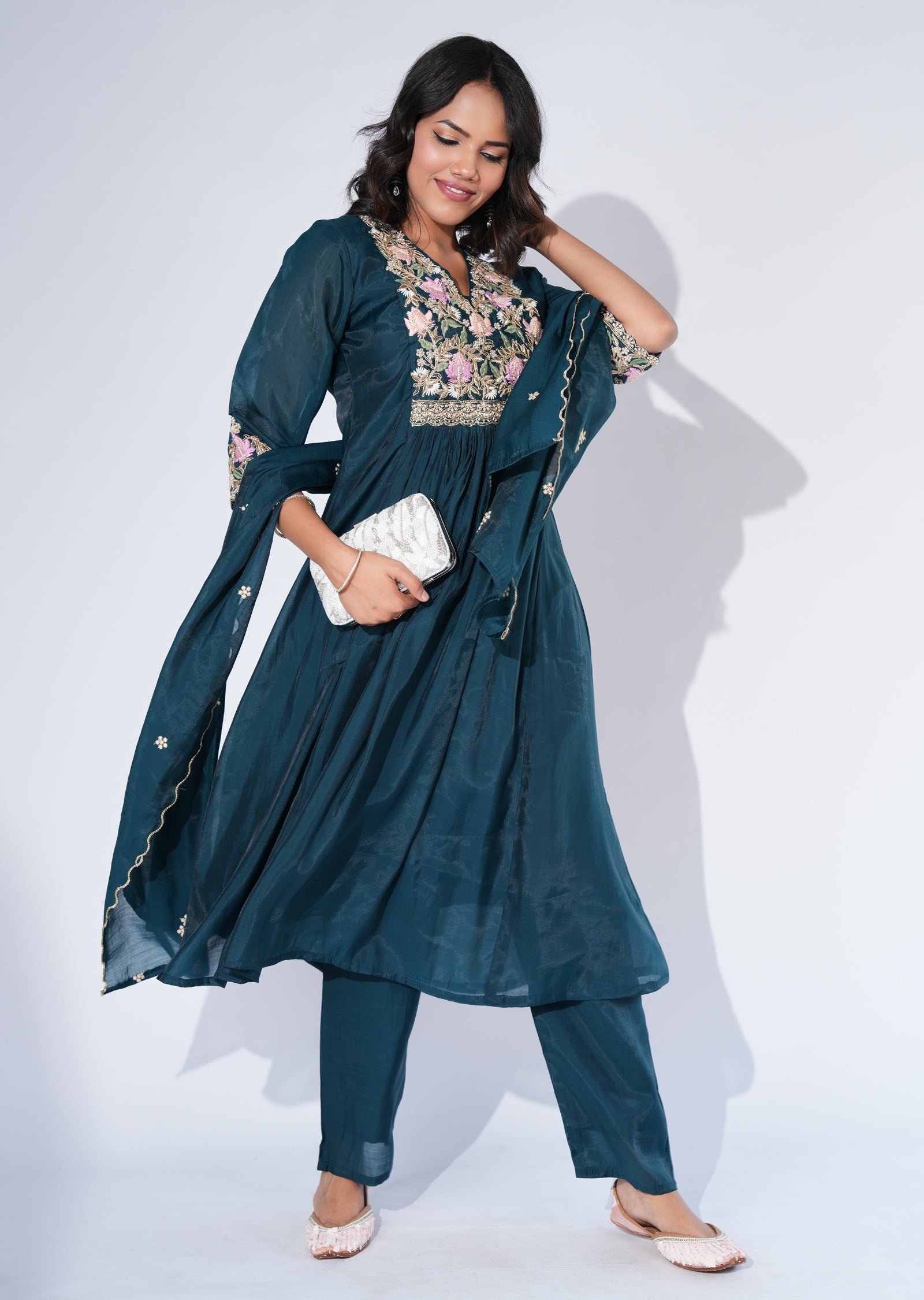 Green Mul Chanderi Anarkali Suit