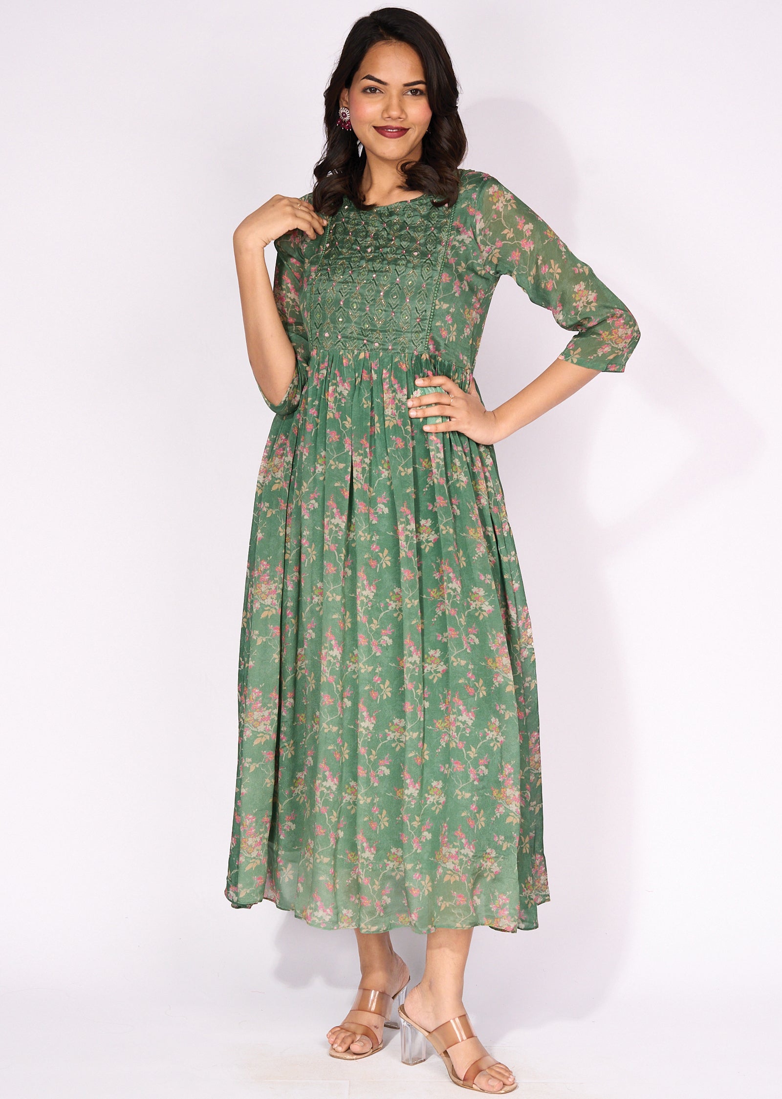 Green Chinnon Long Kurti