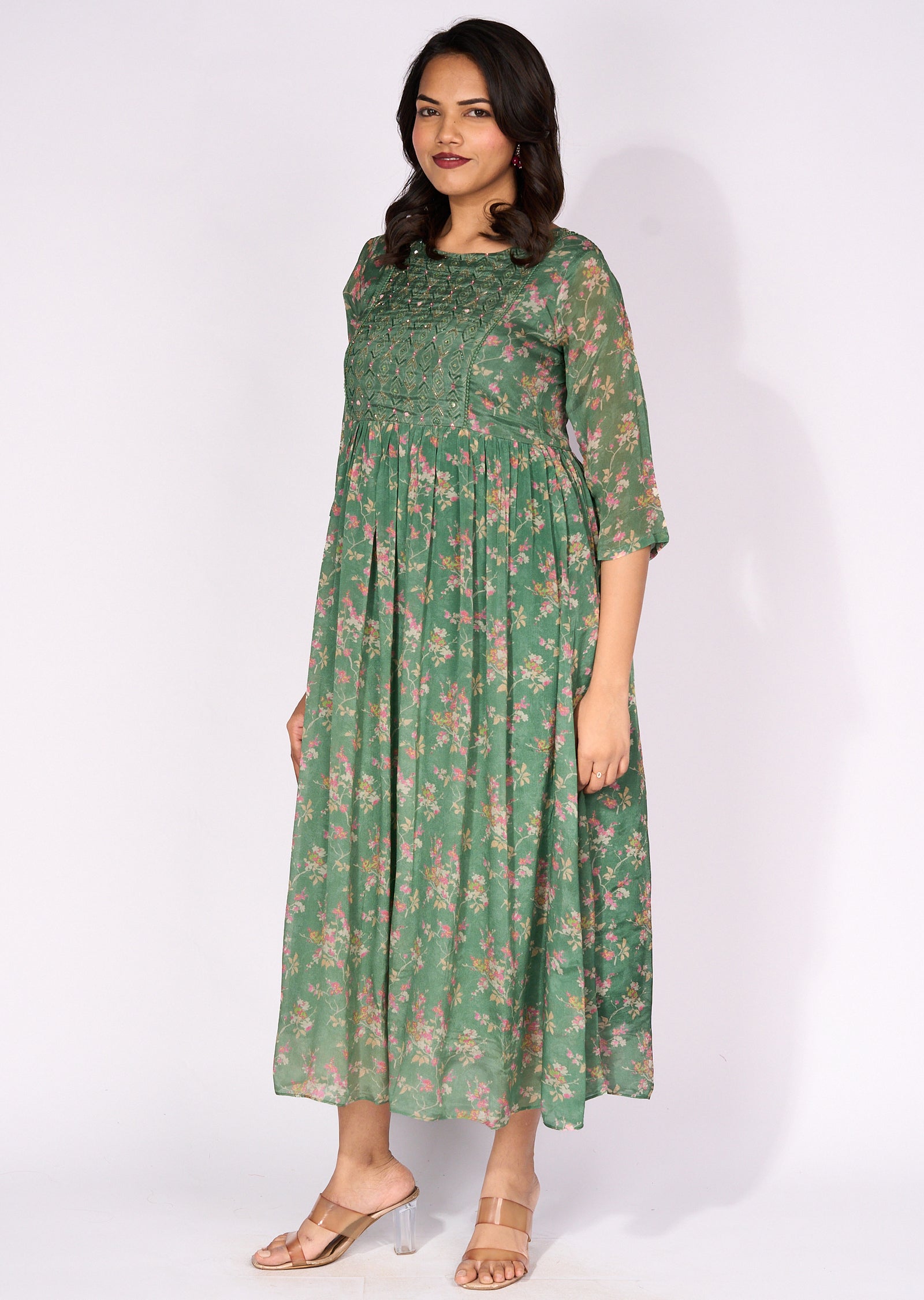 Green Chinnon Long Kurti