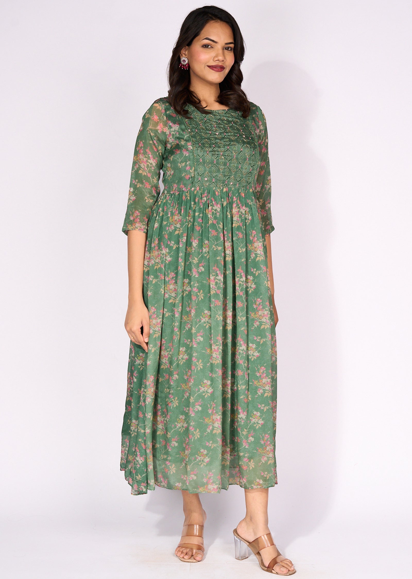 Green Chinnon Long Kurti