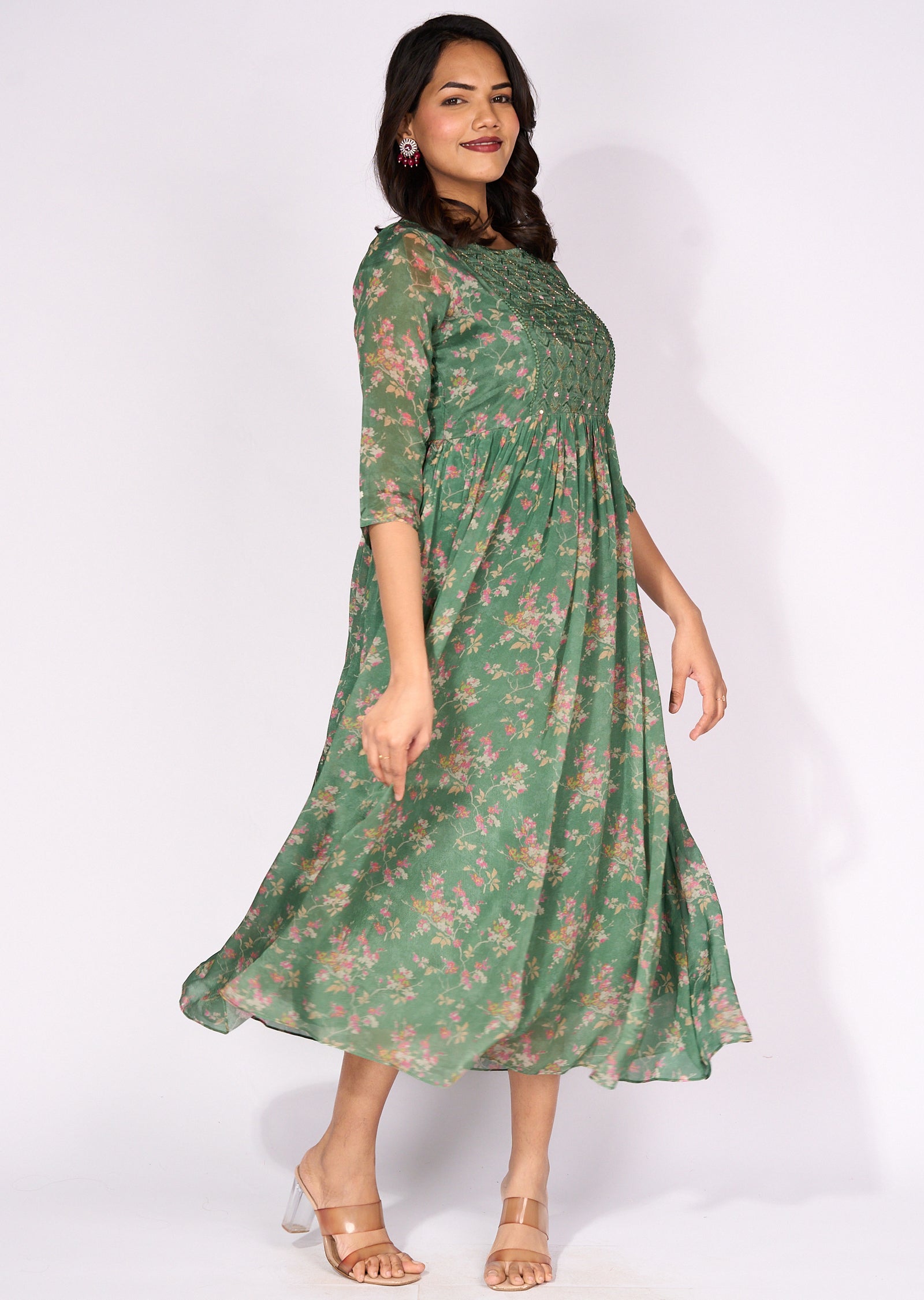 Green Chinnon Long Kurti