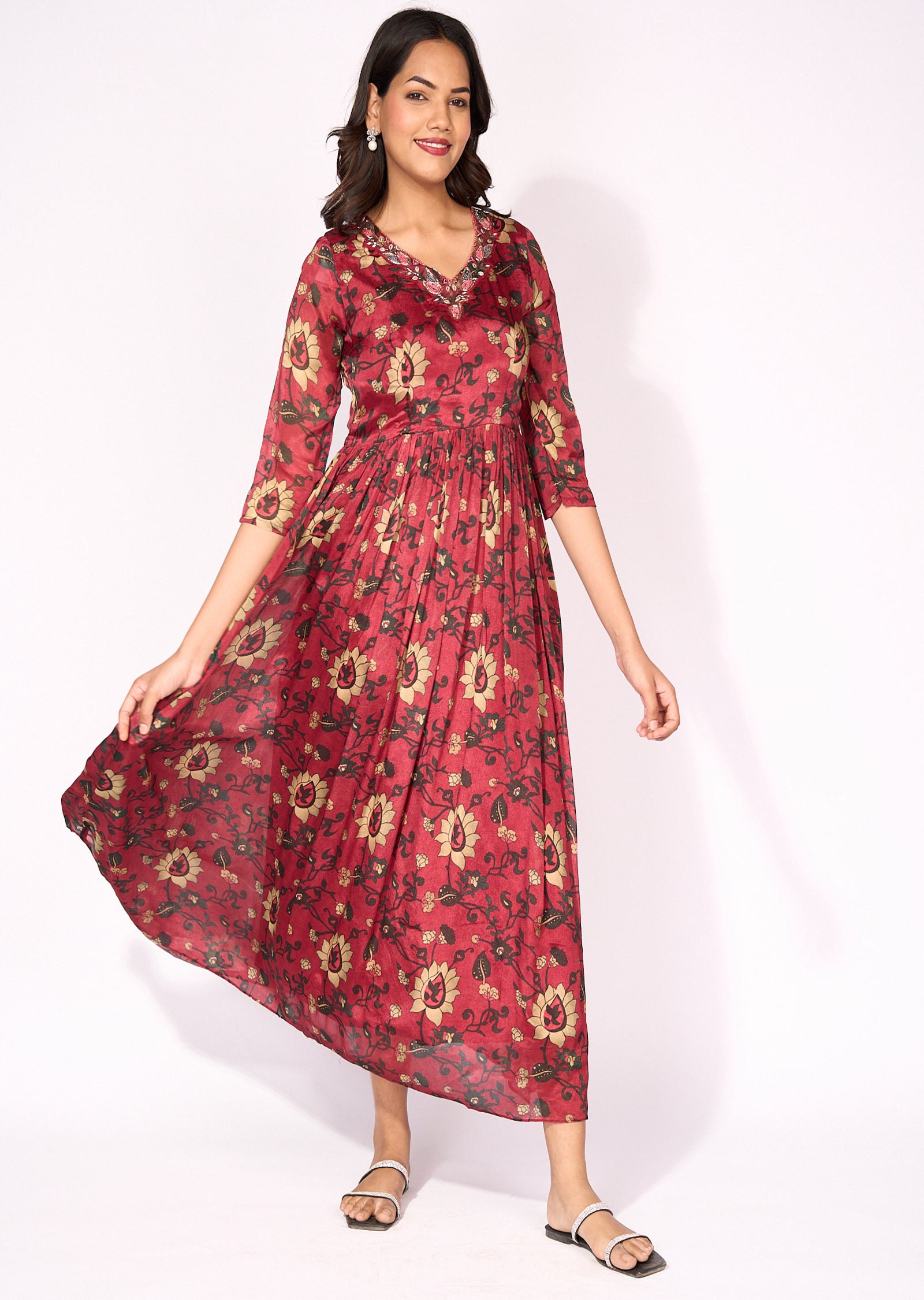 Maroon chinnon Long Kurti