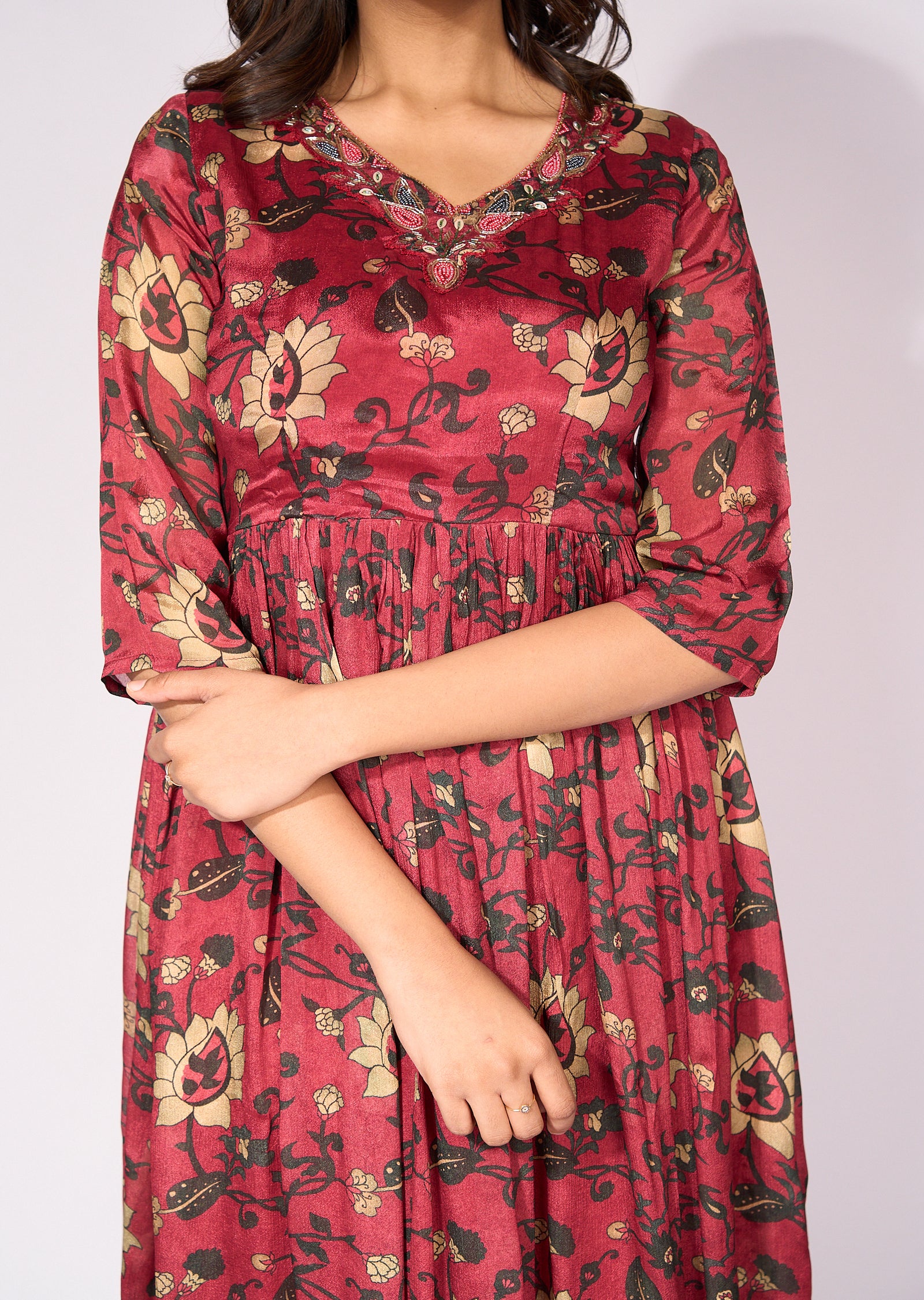 Maroon chinnon Long Kurti