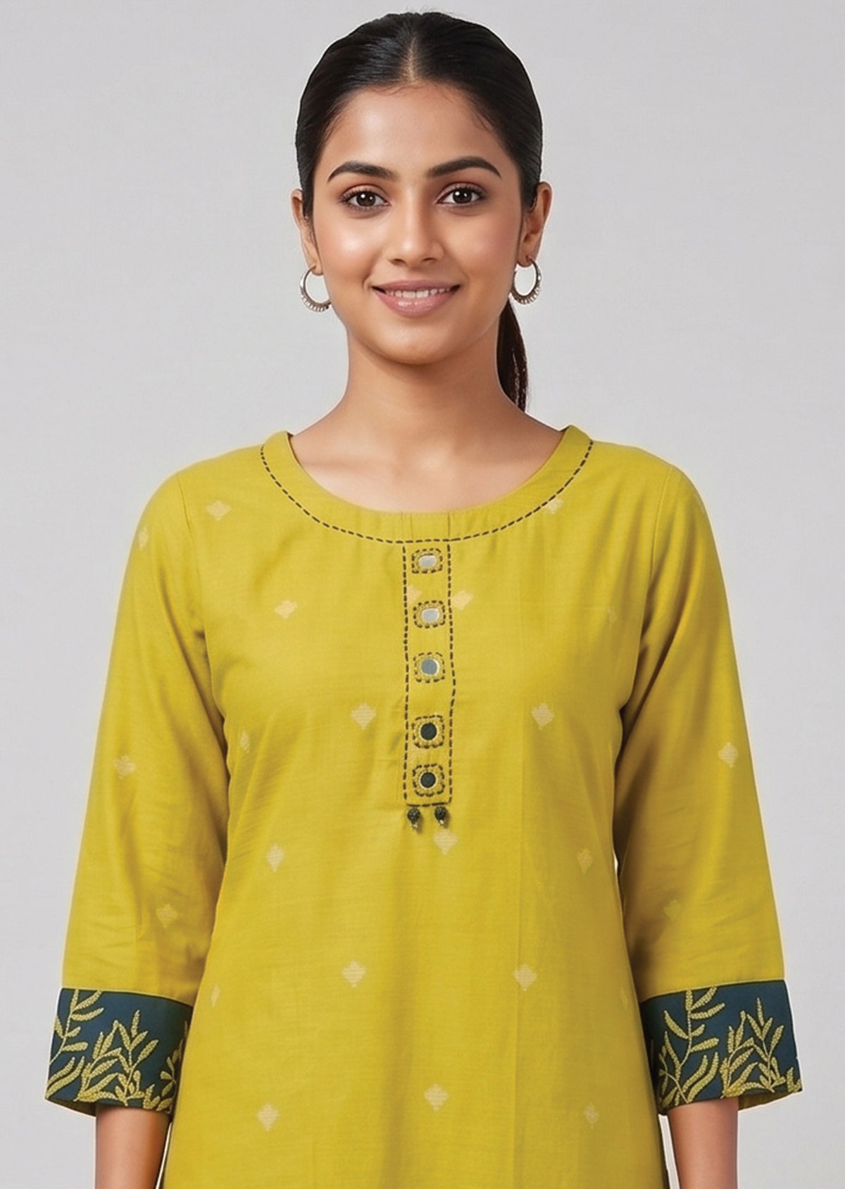 Yellow Cotton Straight cut Kurti set