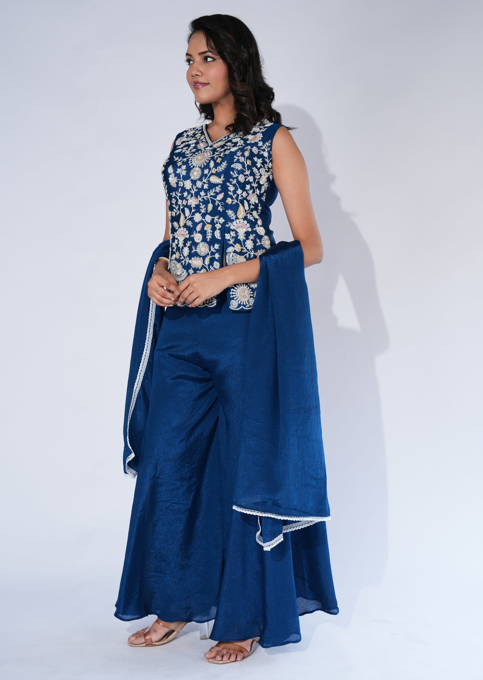 Blue Chinnon Sharara Set