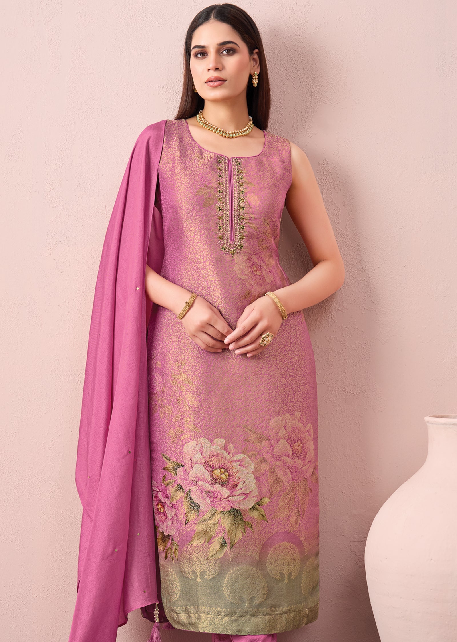 Light Pink Silk Straight cut suit