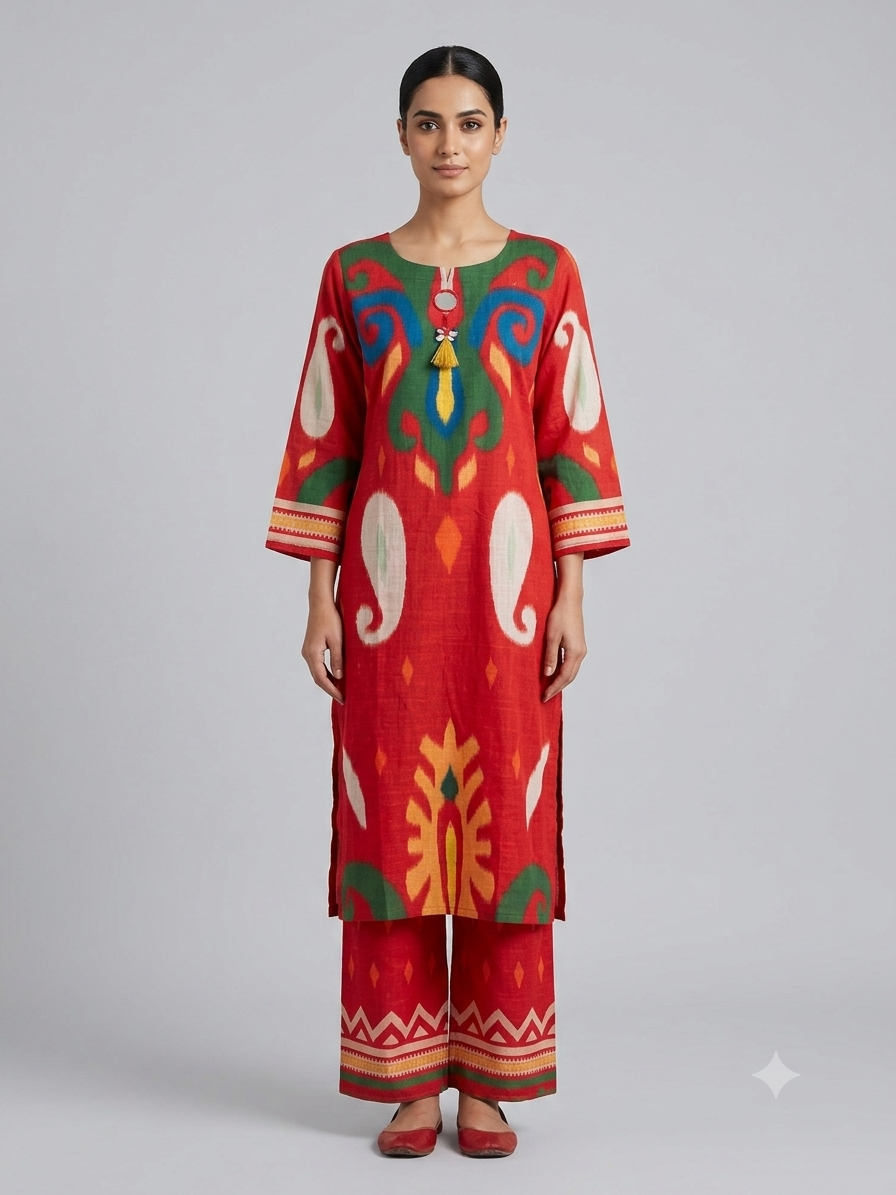 Red Cotton Straight cut Kurti set