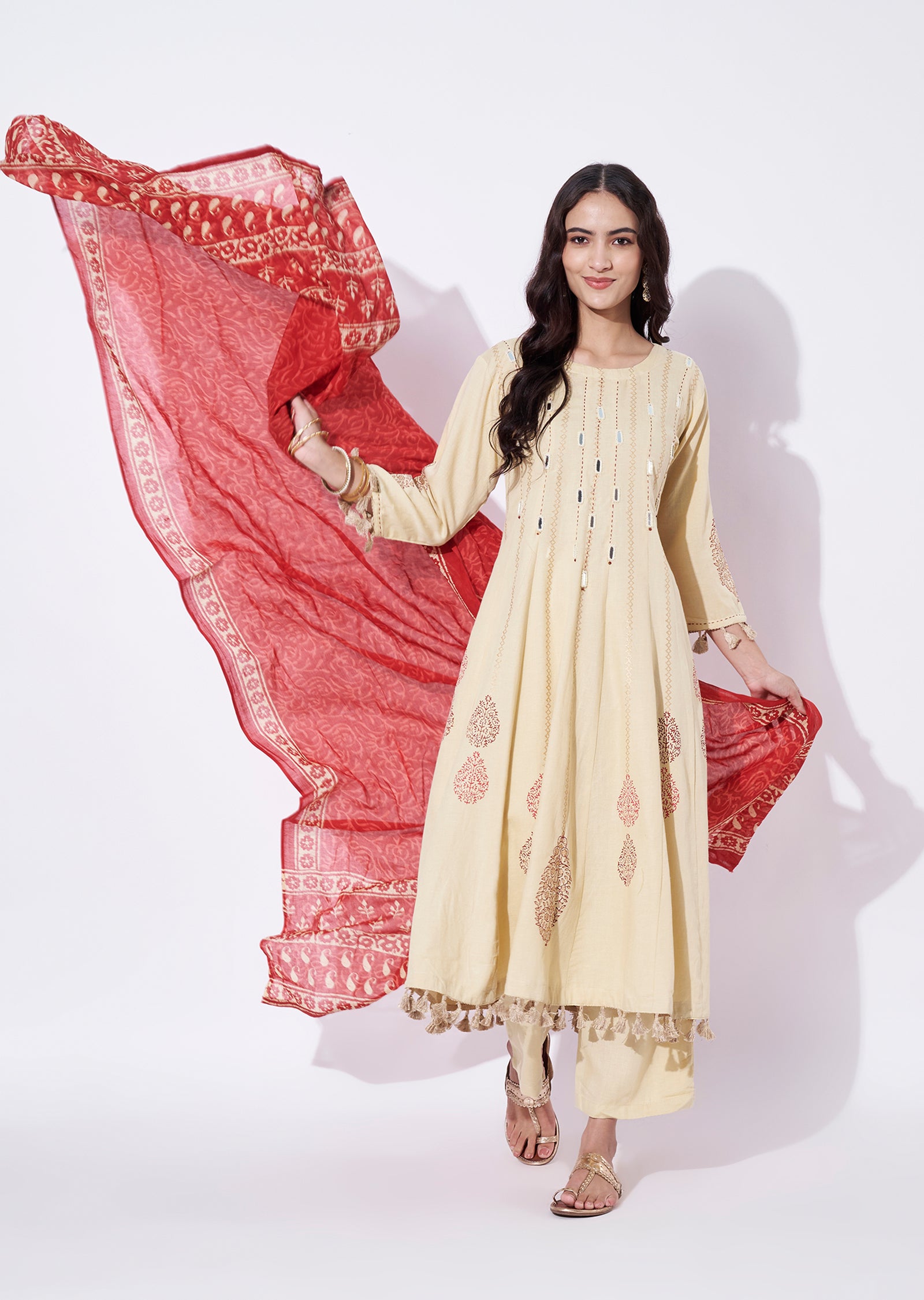 Beige Cotton Anarkali Suit