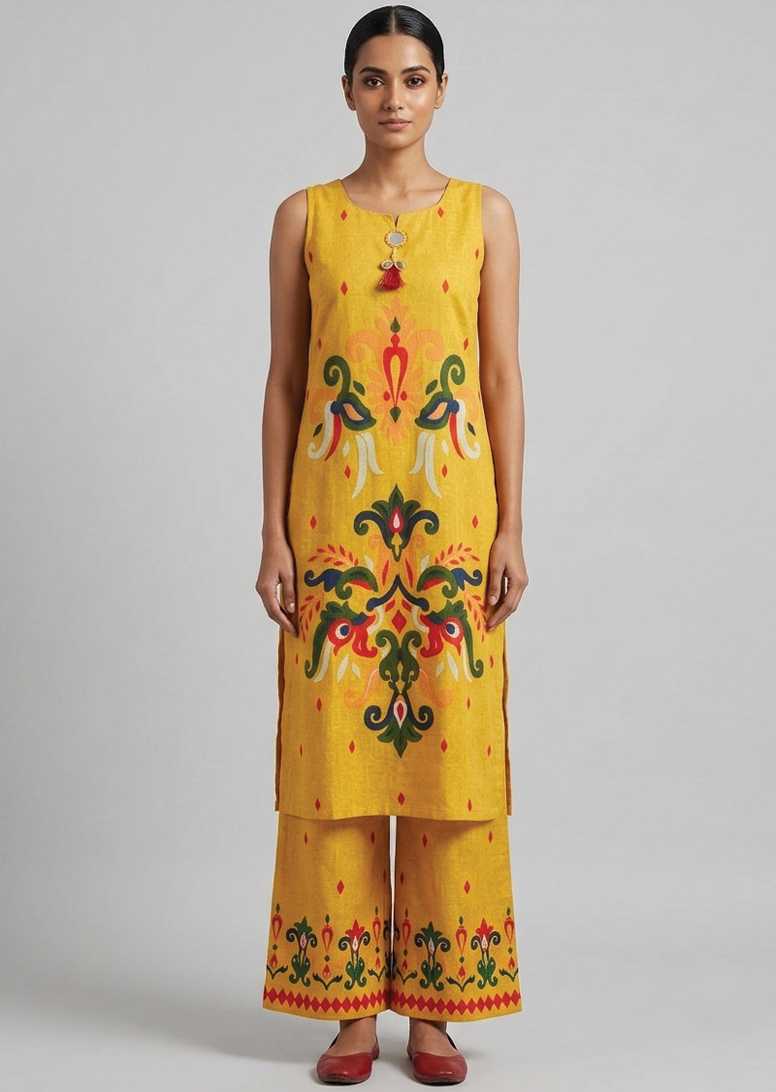 Yellow Cotton Straight cut Kurti set
