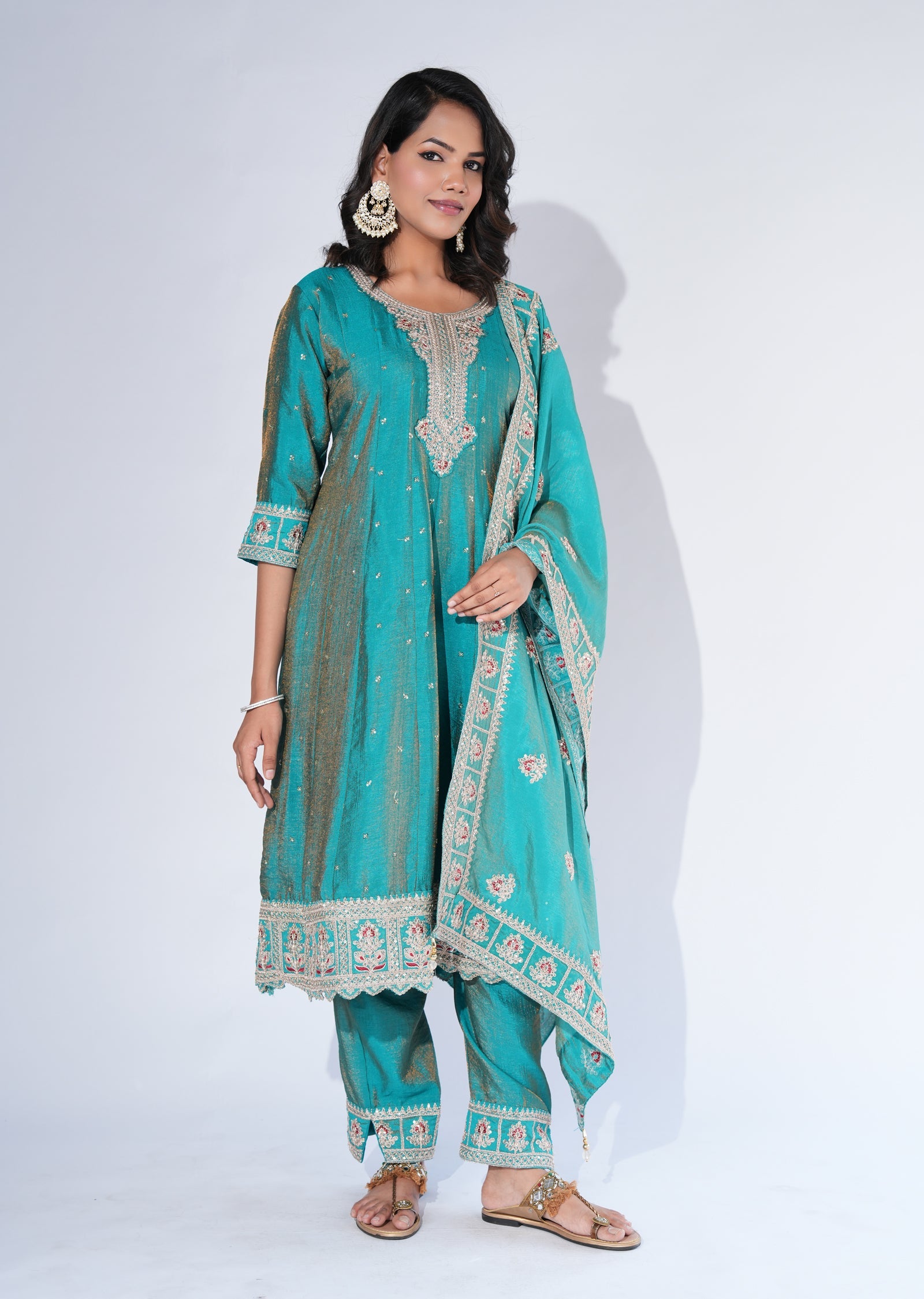 Rama Green Silk Anarkali Suit
