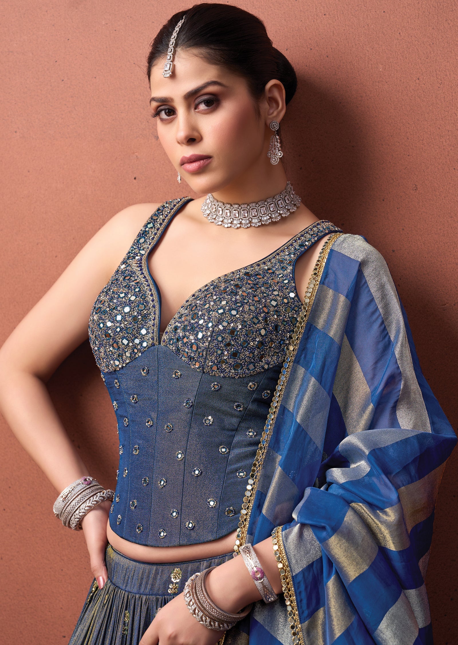 Blue Tissue Corset lehenga