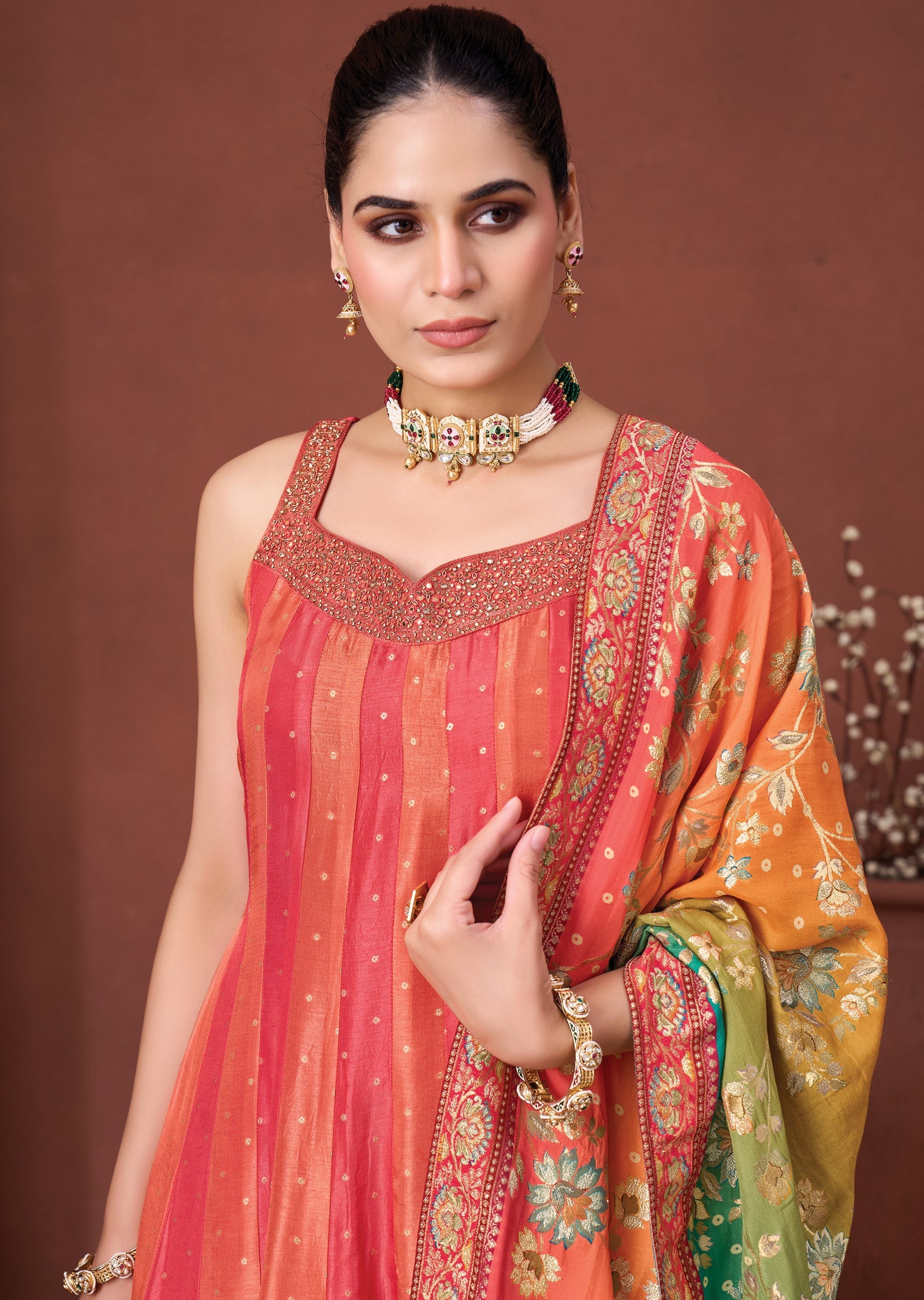 Coral Silk Anarkali Suit