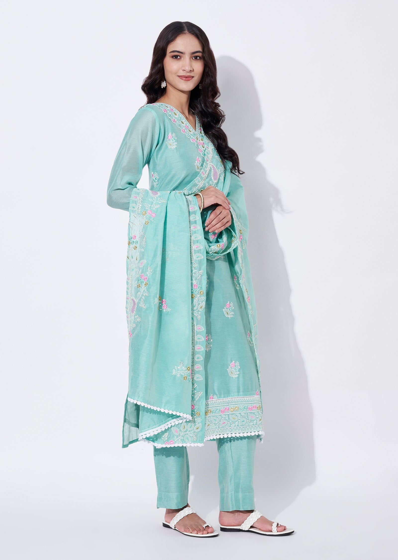Sea Green Chanderi Straight cut suit