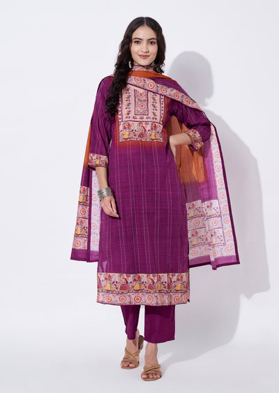 Magenta Cotton Straight cut suit
