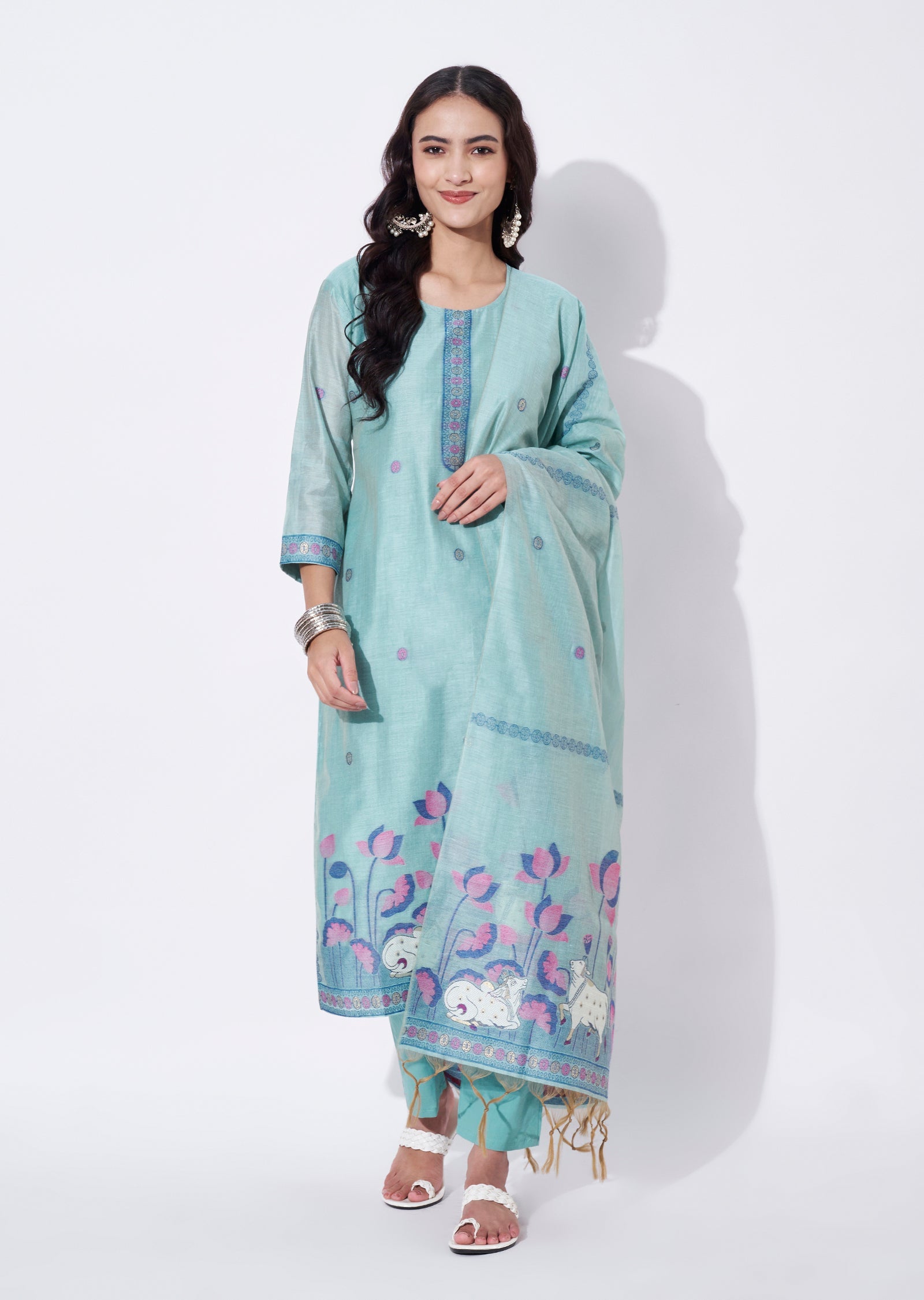 Green Chanderi Straight cut suit