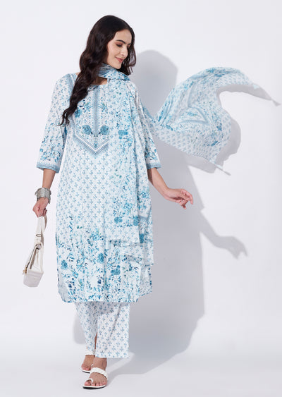 Blue Cotton Straight cut Suit