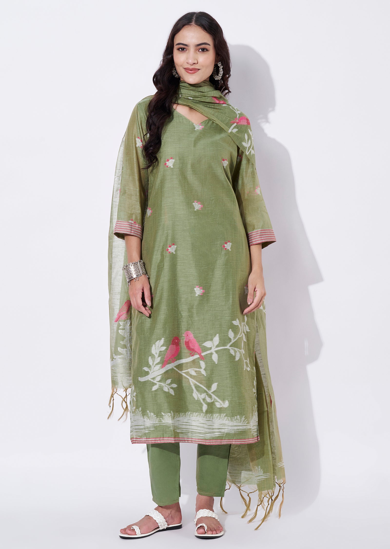 Mehndi Green Chanderi Straight cut suit