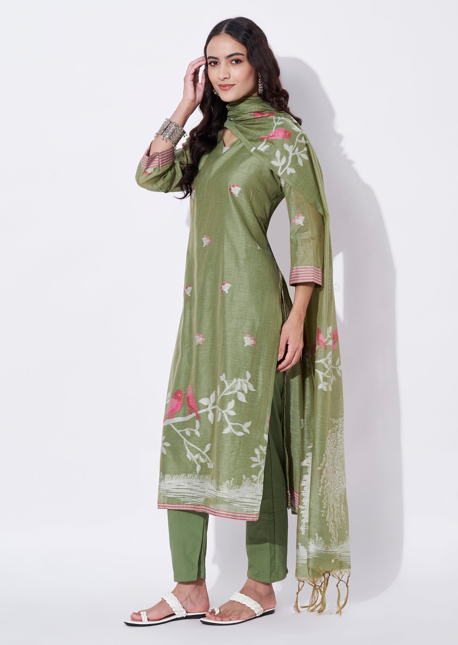 Mehndi Green Chanderi Straight cut suit