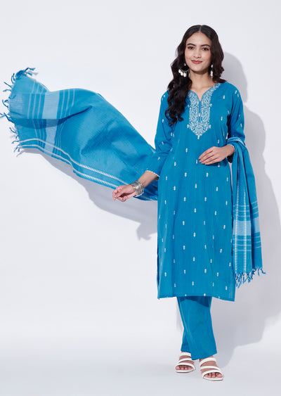 Blue Cotton Straight cut Suit