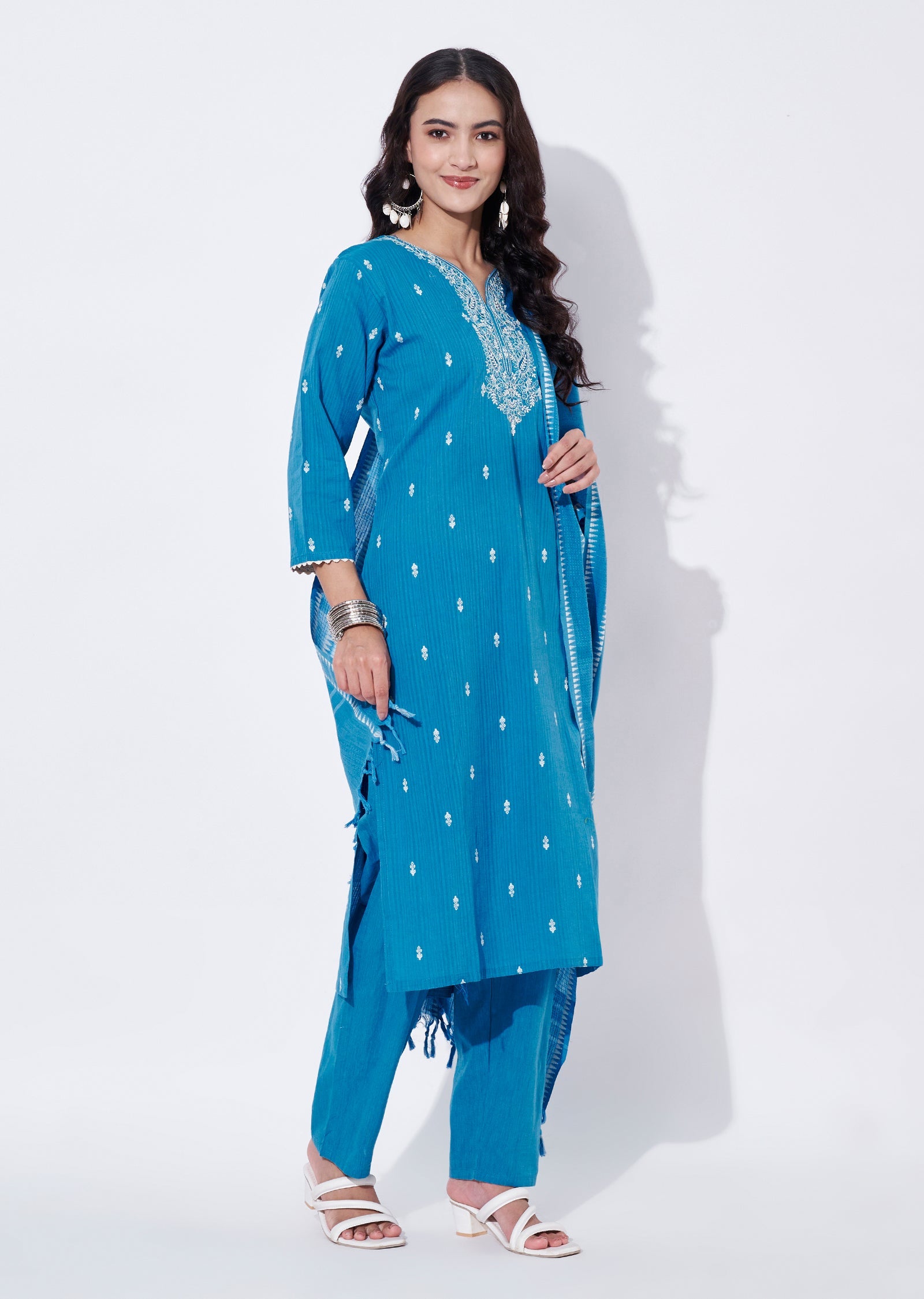 Blue Cotton Straight cut Suit