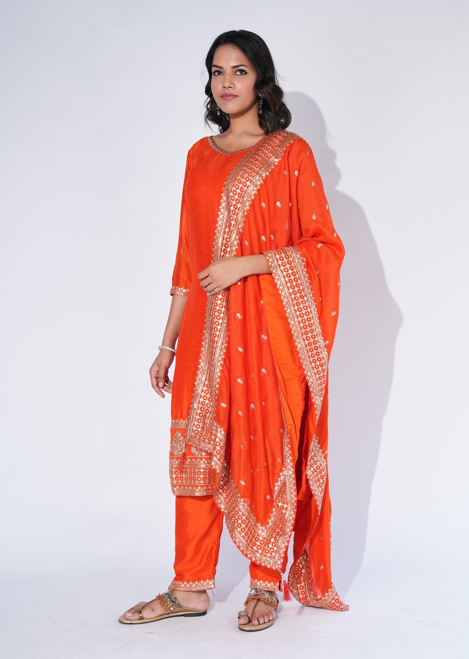 Orange Chinnon Straight cut Suit