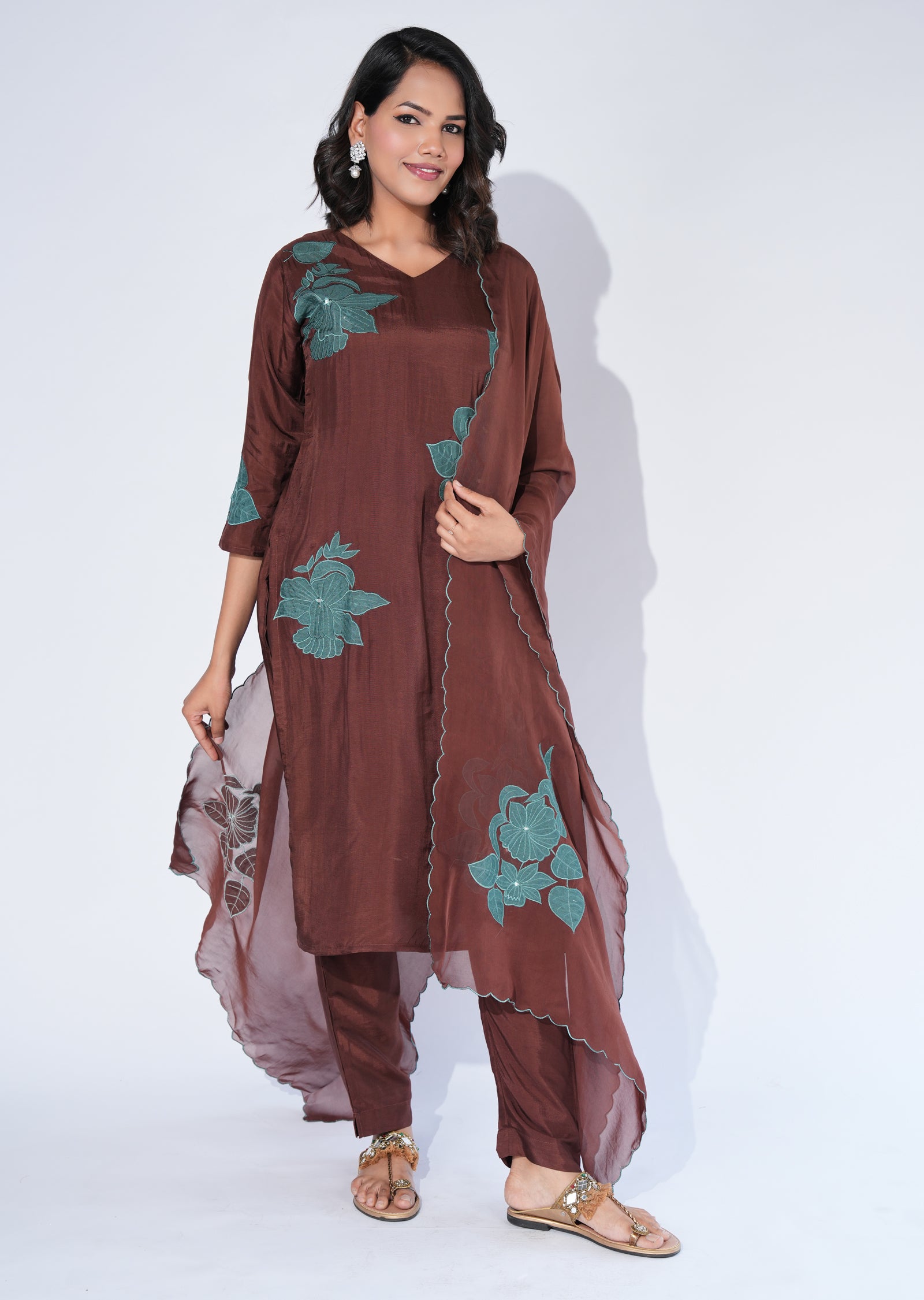 Brown Silk Straight cut Suit