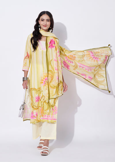 Yellow Cotton straight cut Suit