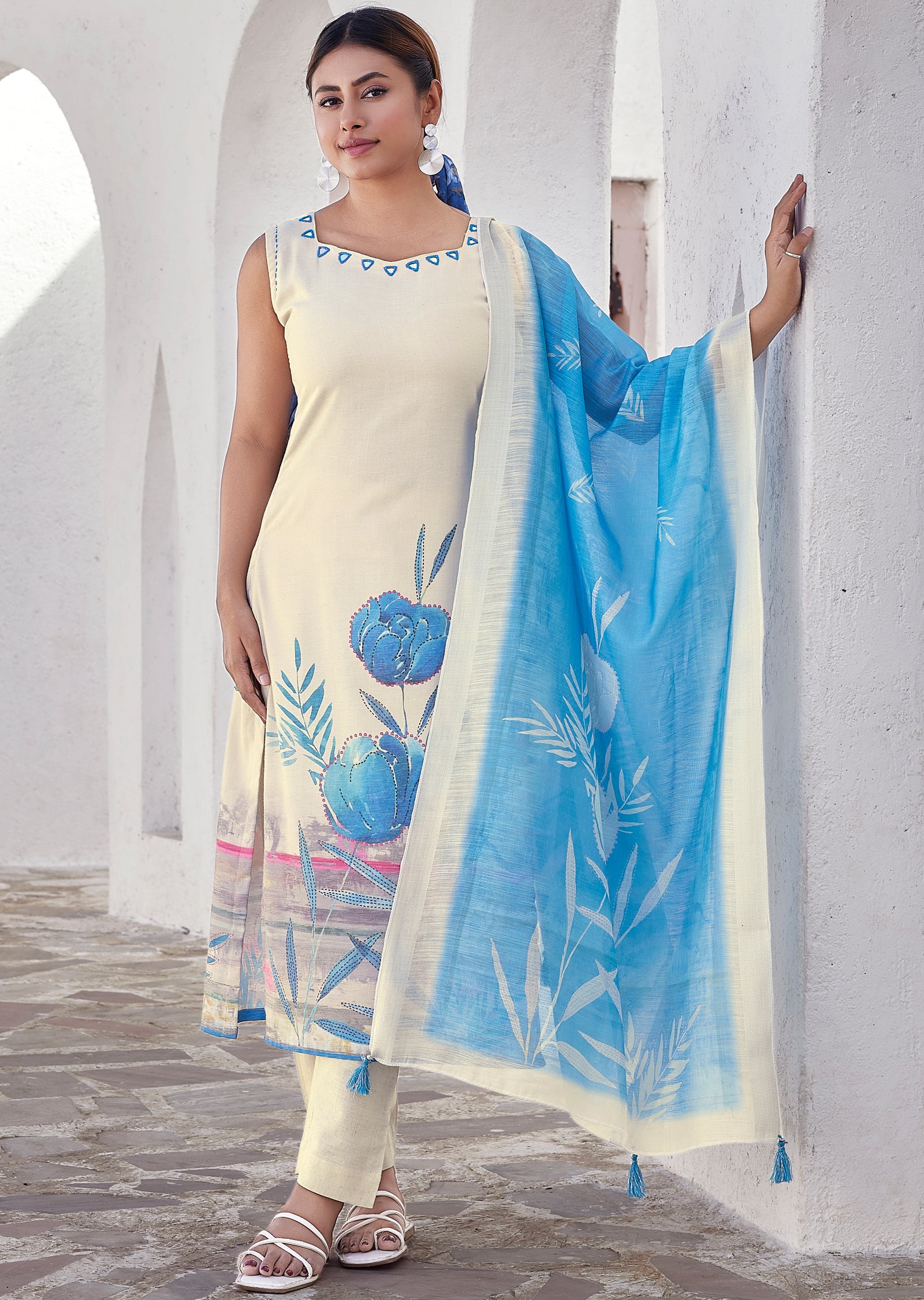 Cream Linen Cotton Straight cut suit