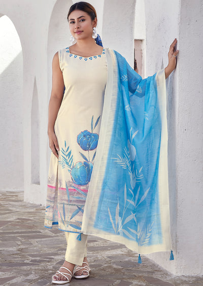 Cream Linen Cotton Straight cut suit