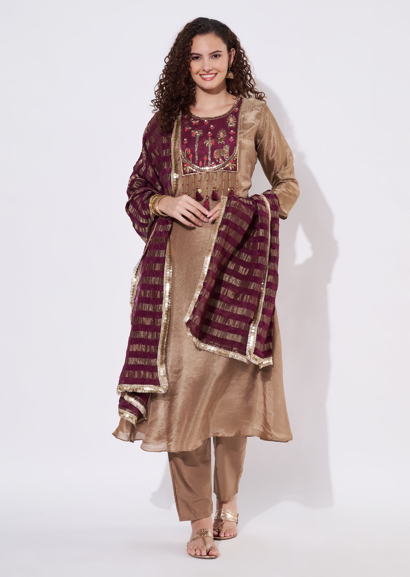 Brown Tissue Anarkali Suit