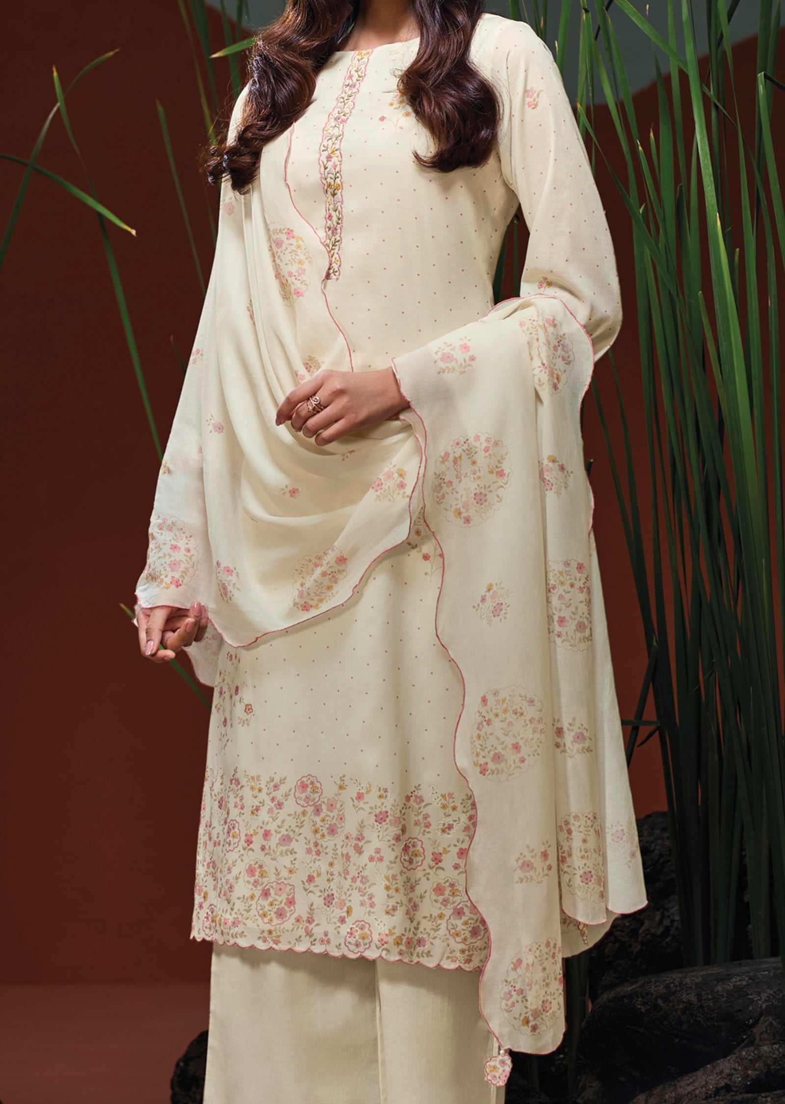 Cream Muslin Straight cut Suit