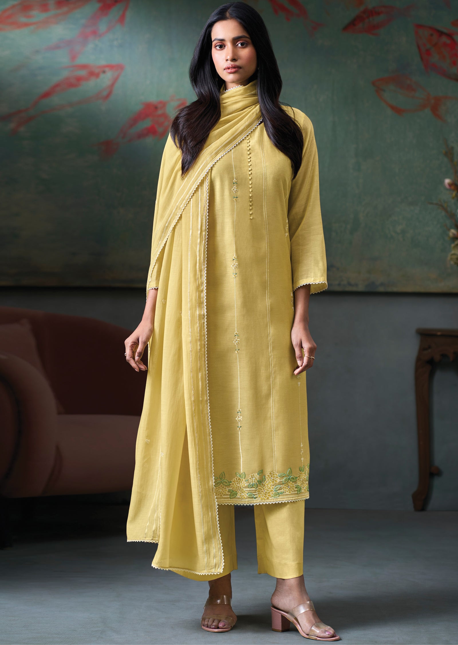 Yellow Mul Chanderi Straight cut Suit