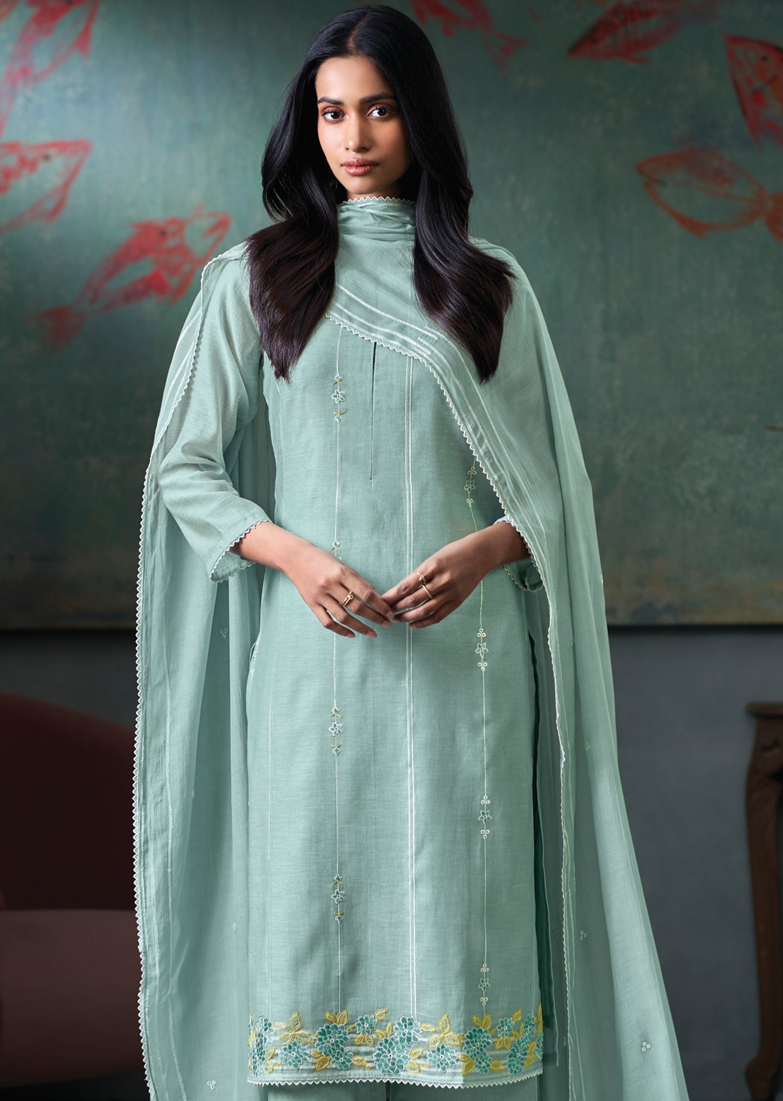 Blue Mul Chanderi Straight cut Suit