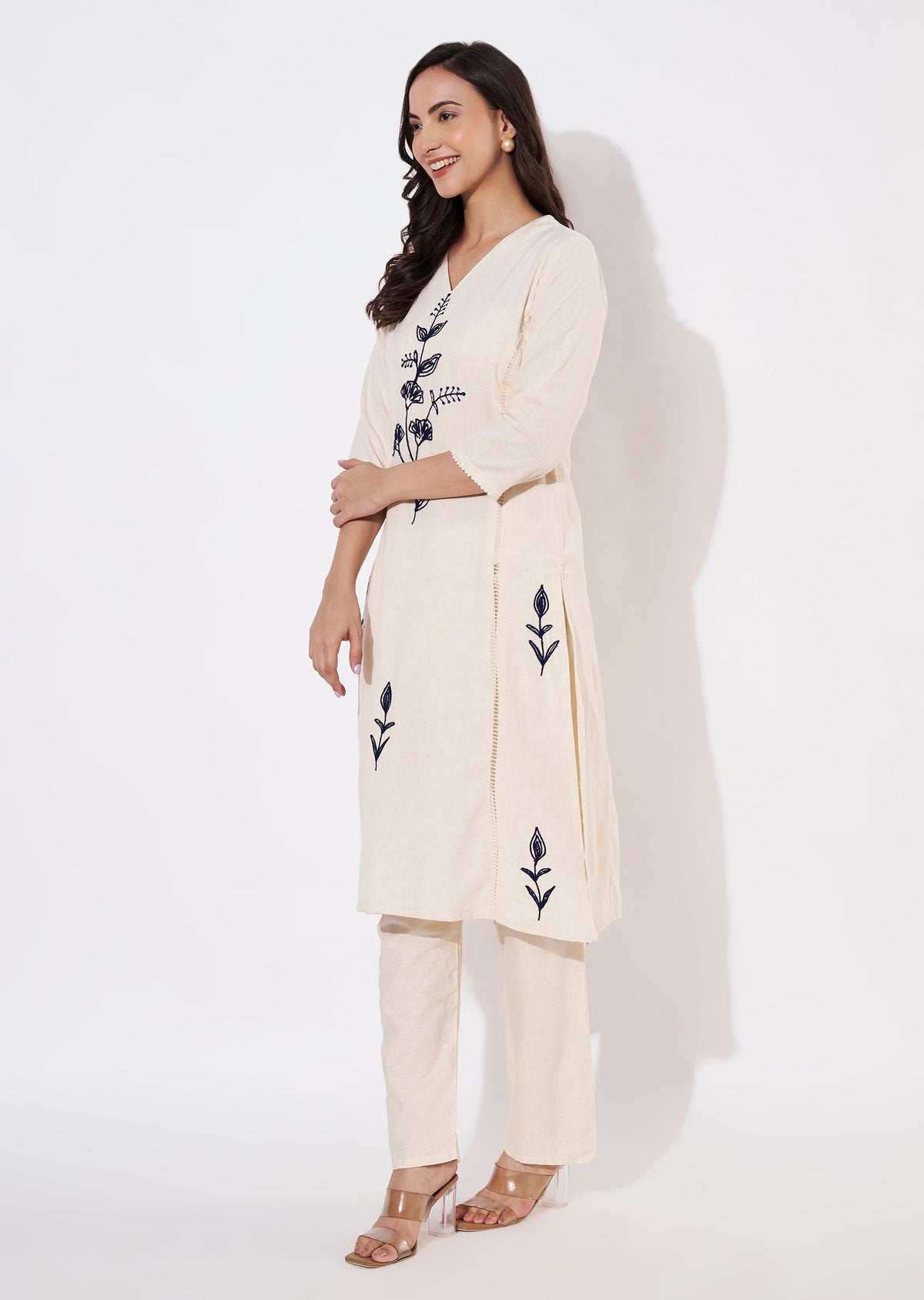 Cream & blue Cotton Kurti set