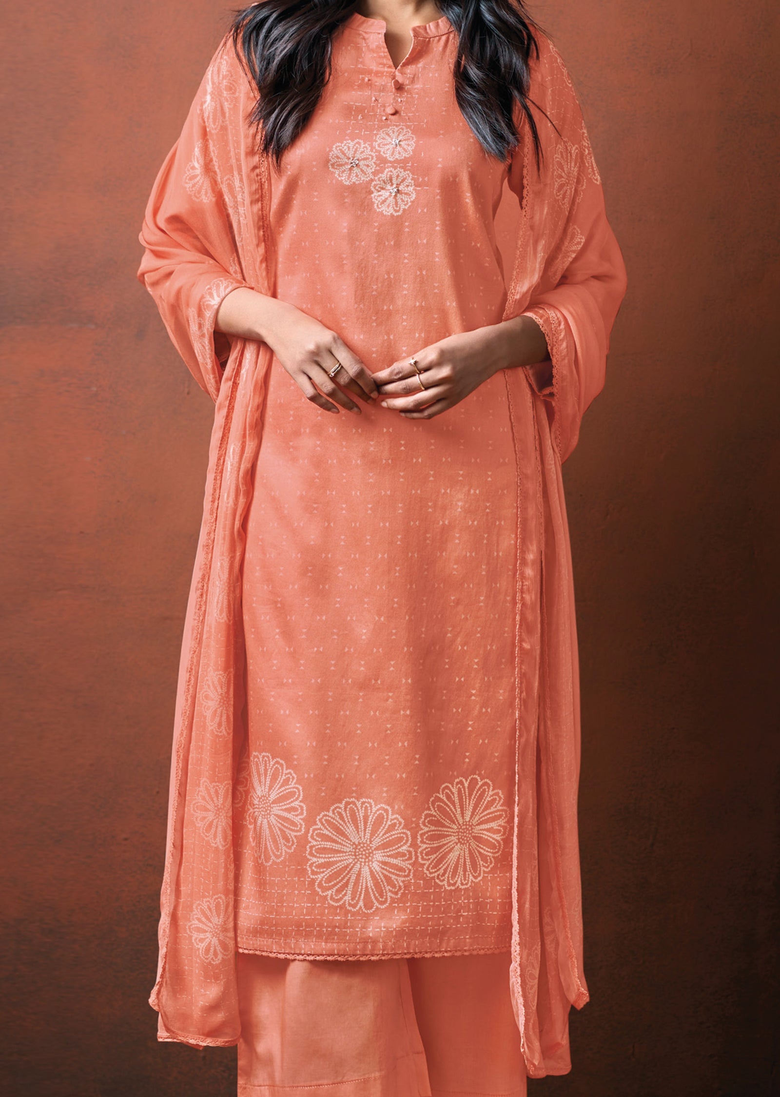 Peach Dola Silk Straight cut Suit