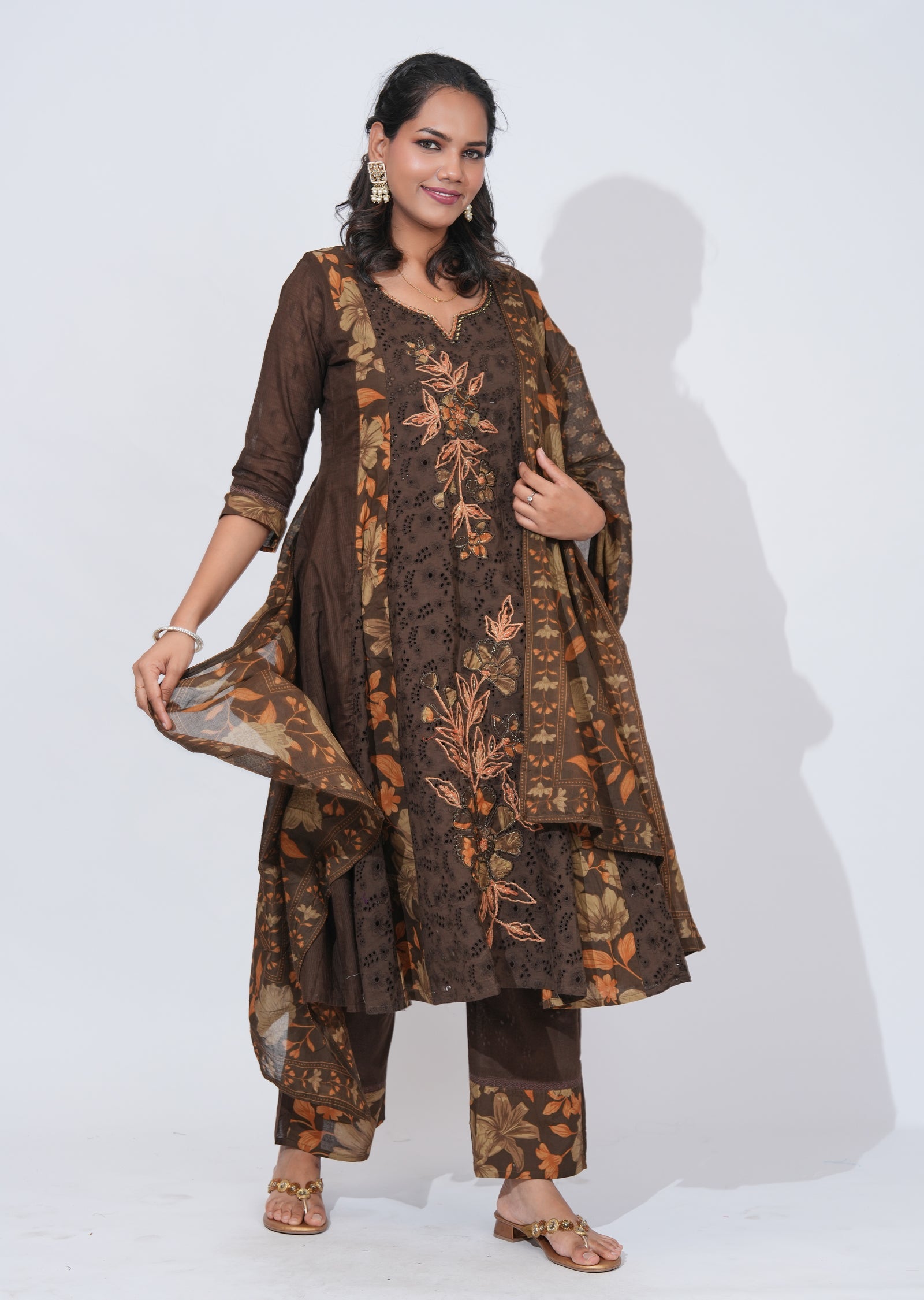 Brwon Cotton Anarkali Suit