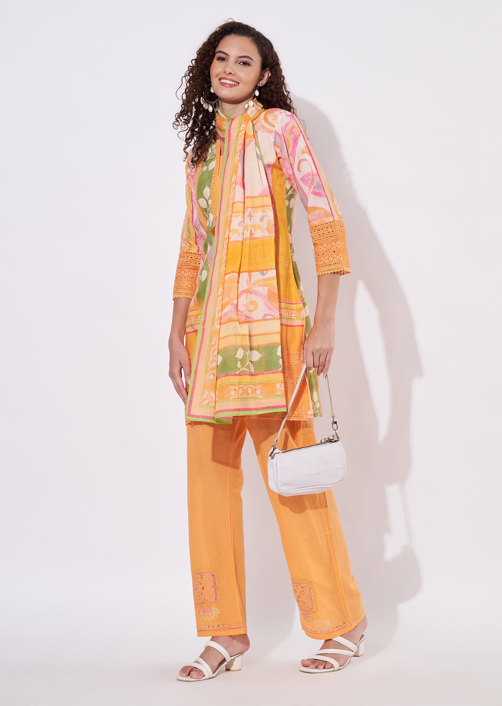 Orange Cotton Straight cut Suit