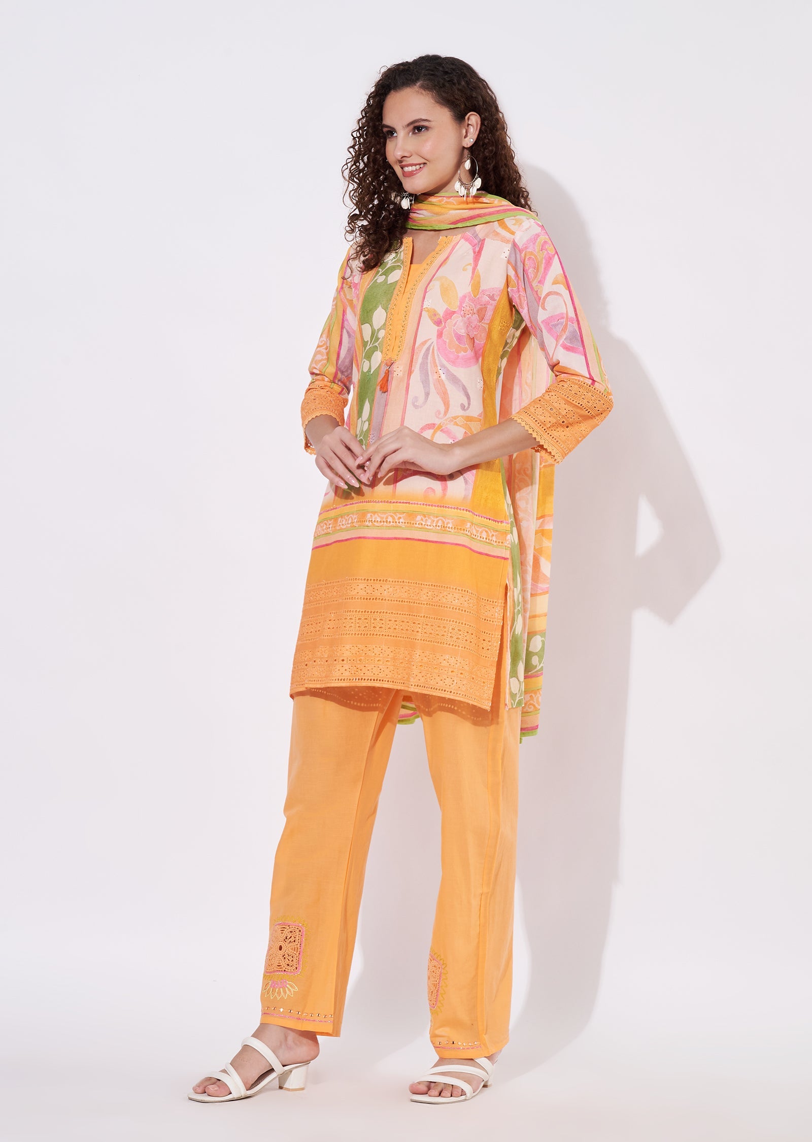 Orange Cotton Straight cut Suit
