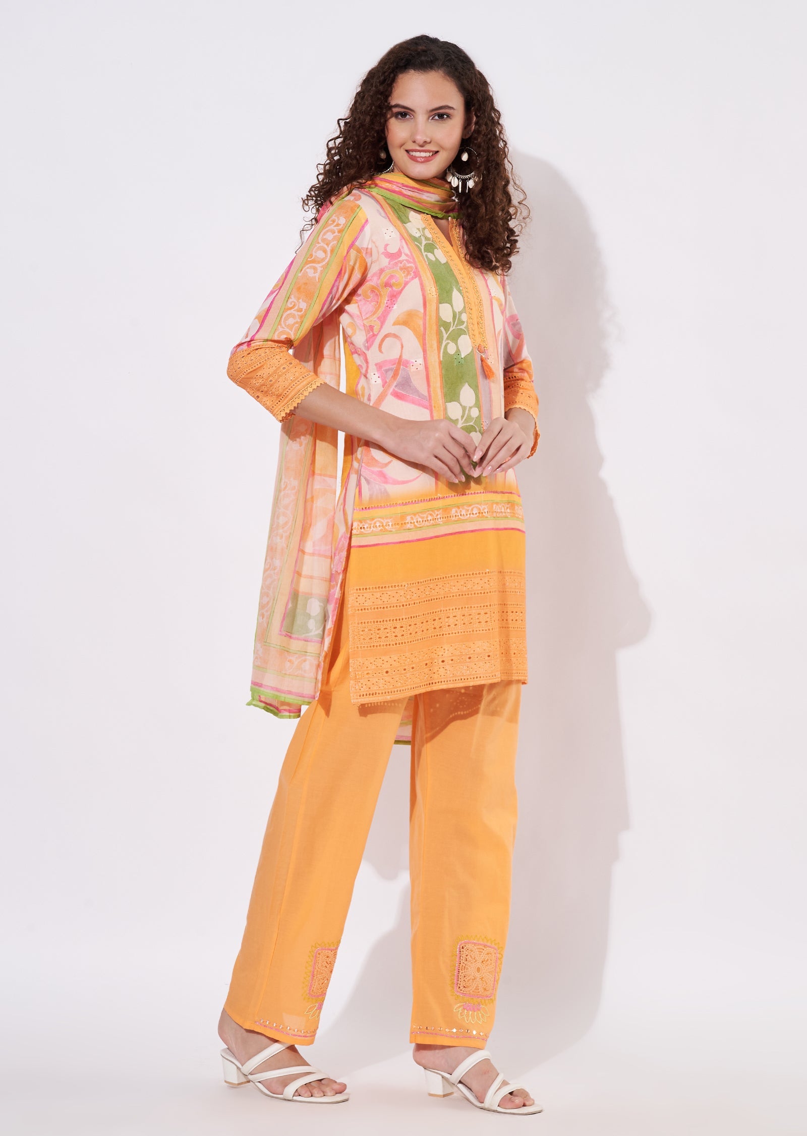 Orange Cotton Straight cut Suit