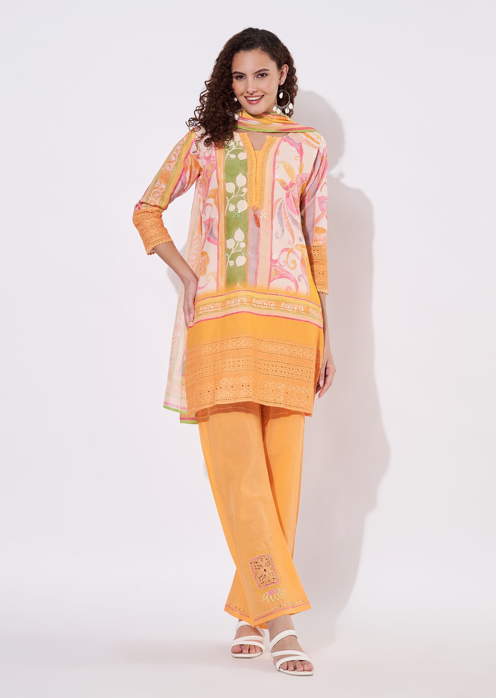 Orange Cotton Straight cut Suit
