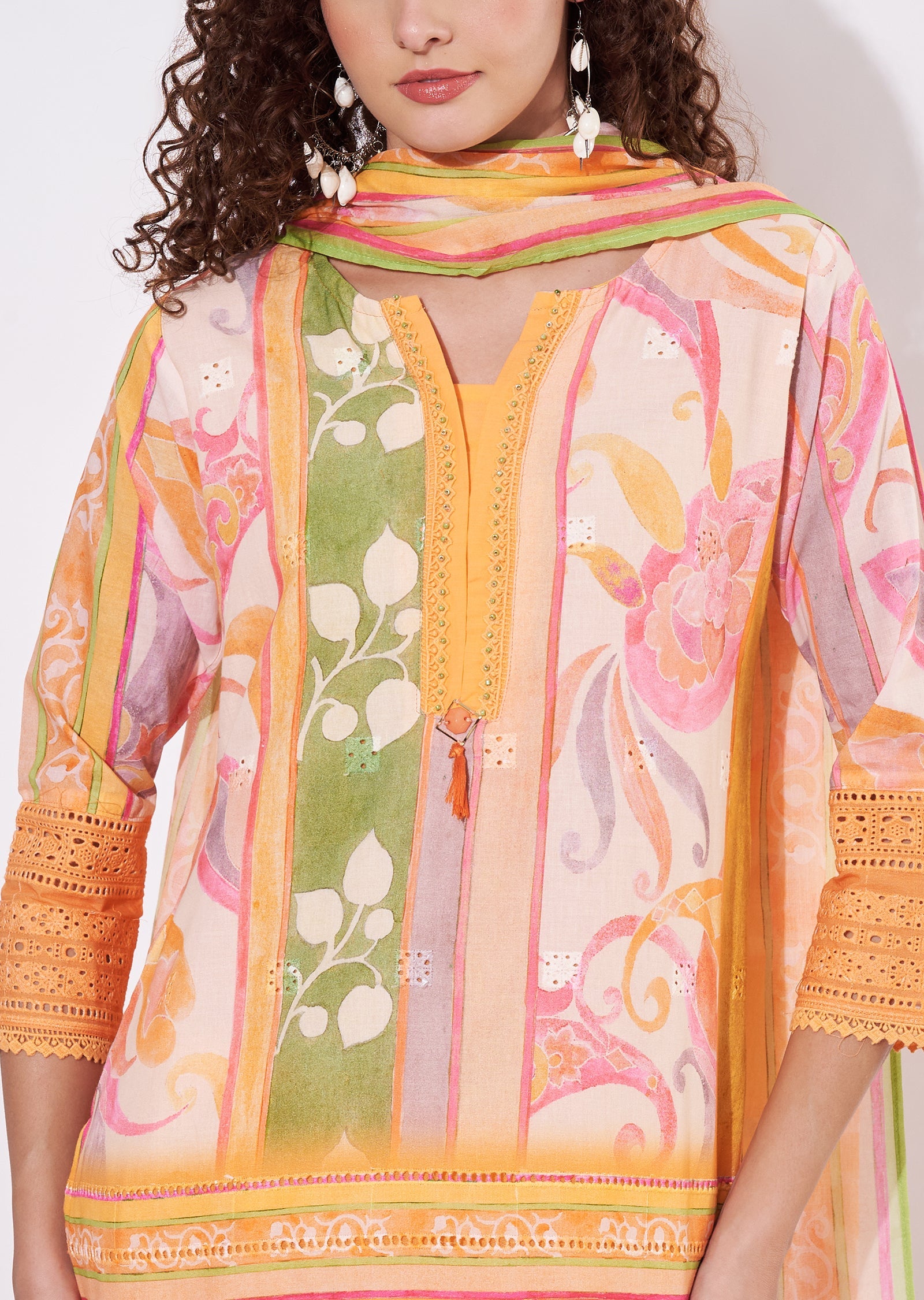 Orange Cotton Straight cut Suit