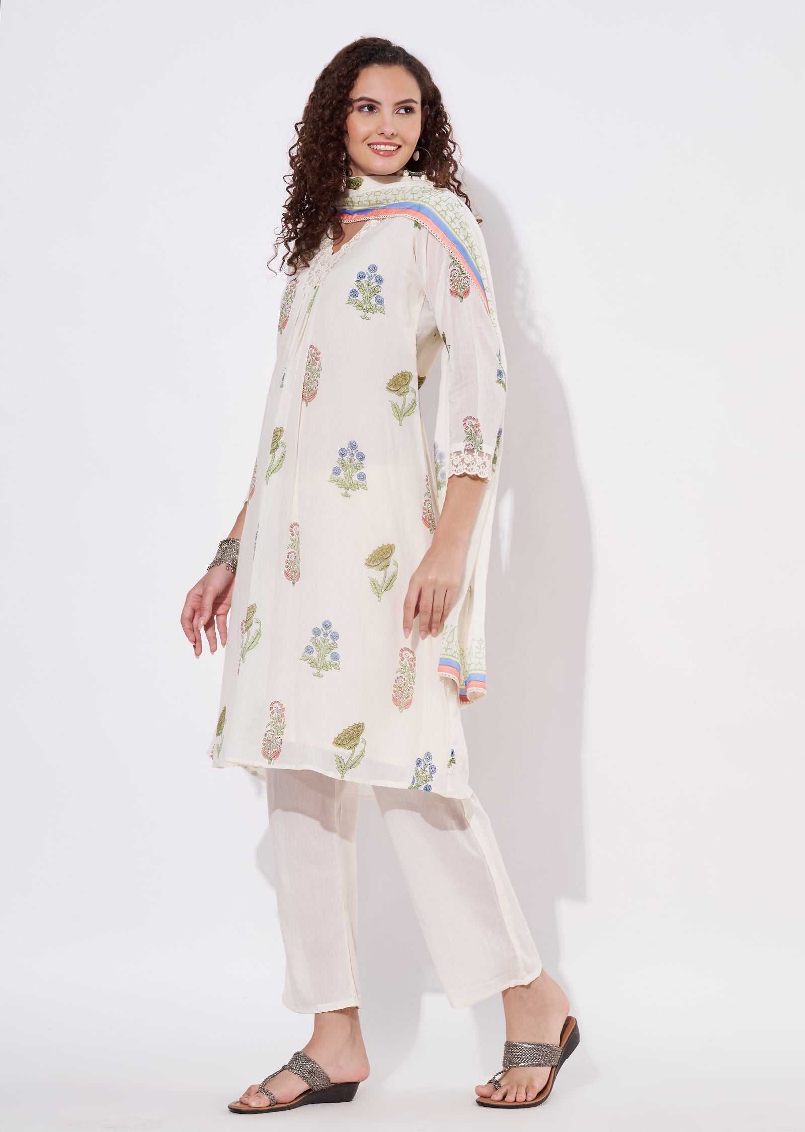 Off White cotton Anarkali Suit