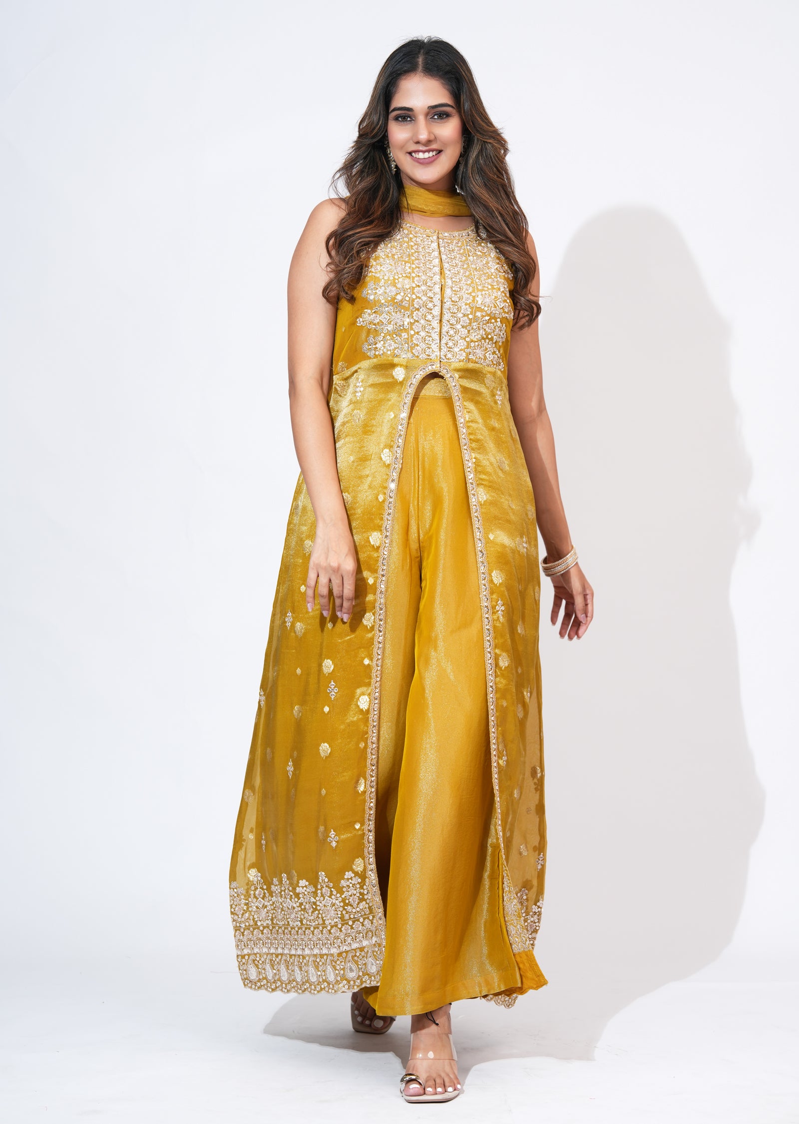 Mustard Tissue Anarkali Suit