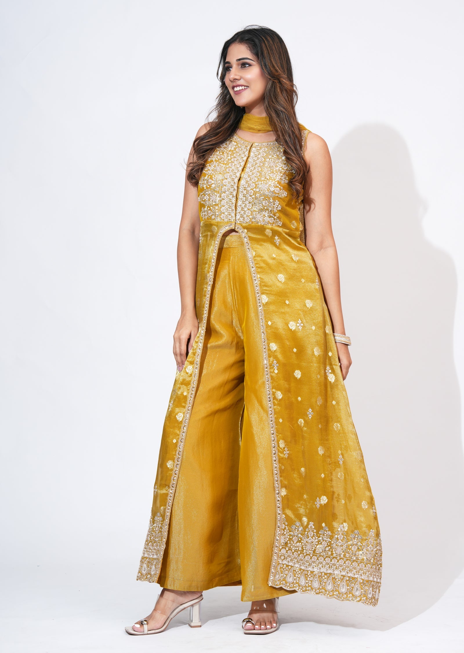 Mustard Tissue Anarkali Suit
