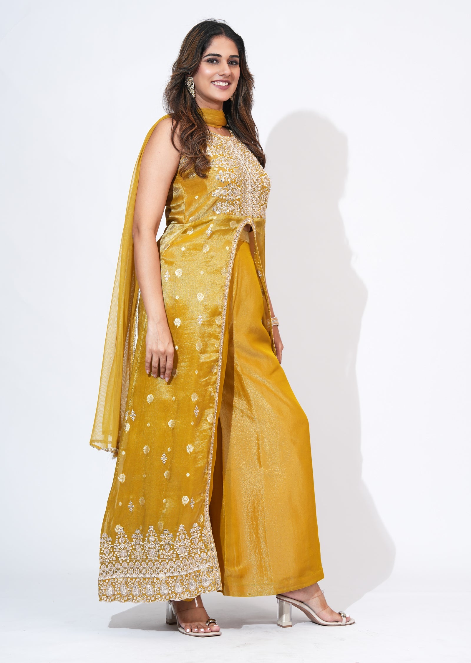 Mustard Tissue Anarkali Suit