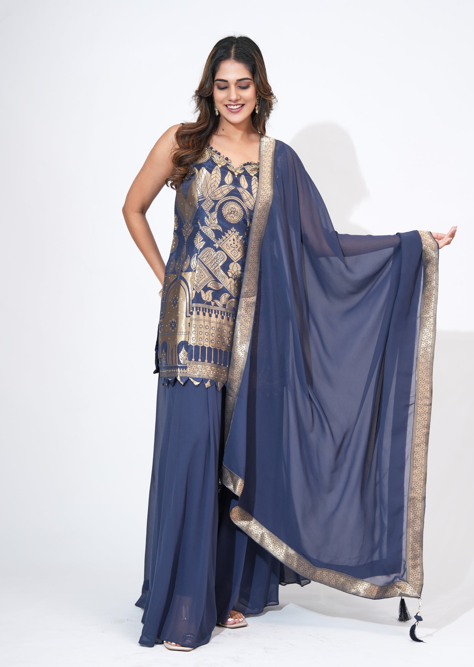 Navy Blue silk Sharara Set