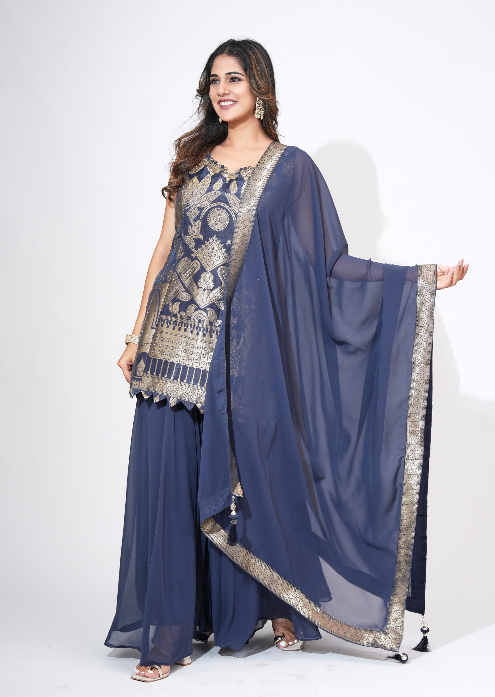 Navy Blue silk Sharara Set